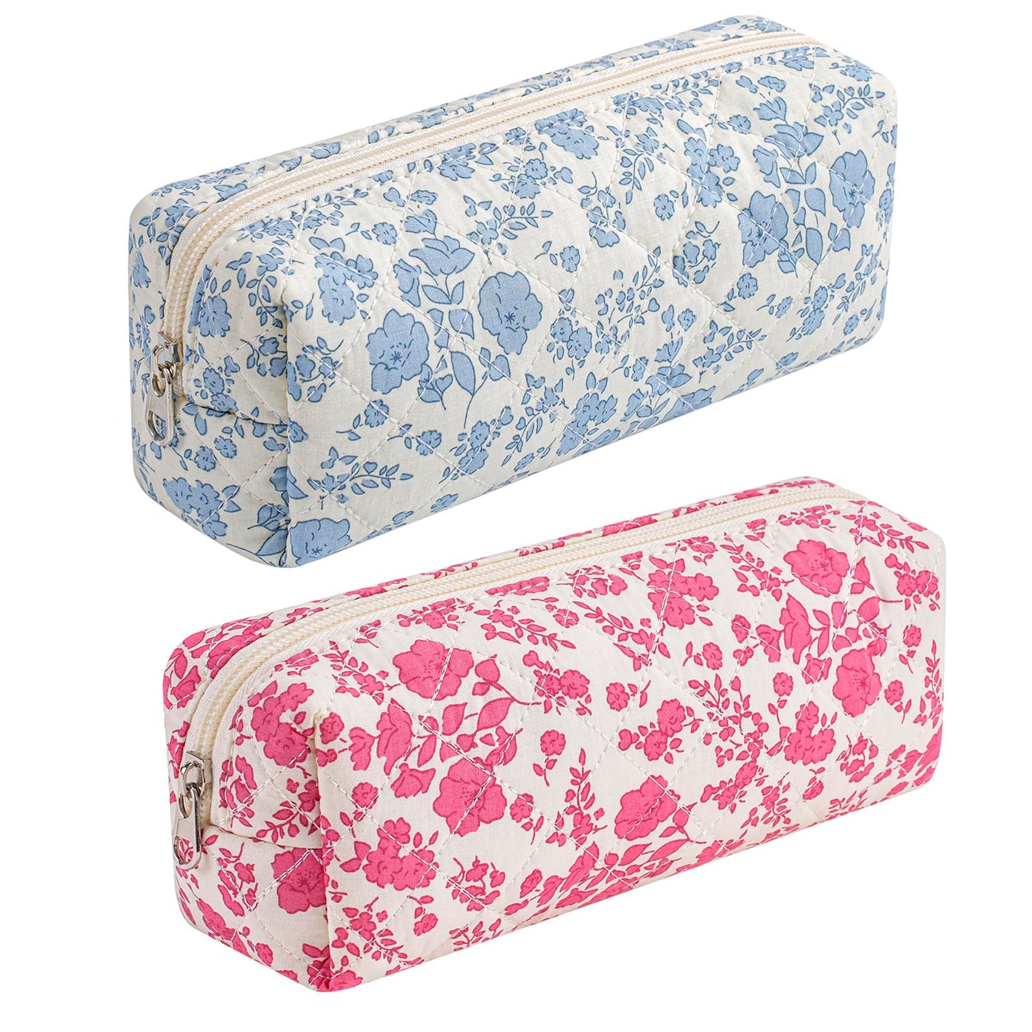 HHQQWZ Cute Floral Cotton Makeup Brush Cosmetic Bag for Women, Travel Quilted Zipper Make Up Bag, Flowers Toiletry Organizer Case Kawaii Makeup Cosmetic Travel Cloth Pouch (Blue+Big Red Floral)