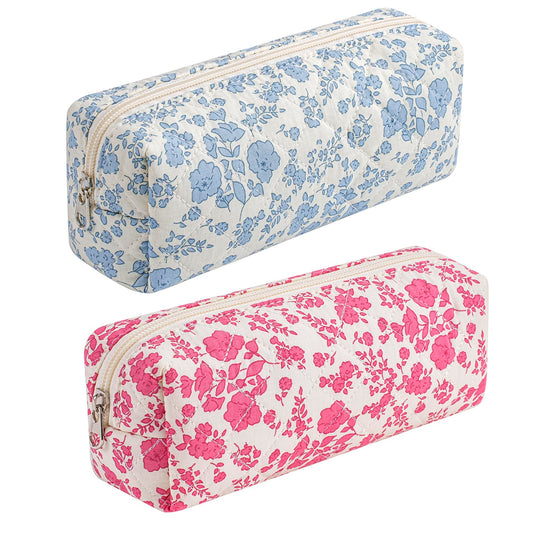 HHQQWZ Cute Floral Cotton Makeup Brush Cosmetic Bag for Women, Travel Quilted Zipper Make Up Bag, Flowers Toiletry Organizer Case Kawaii Makeup Cosmetic Travel Cloth Pouch (Blue+Big Red Floral)