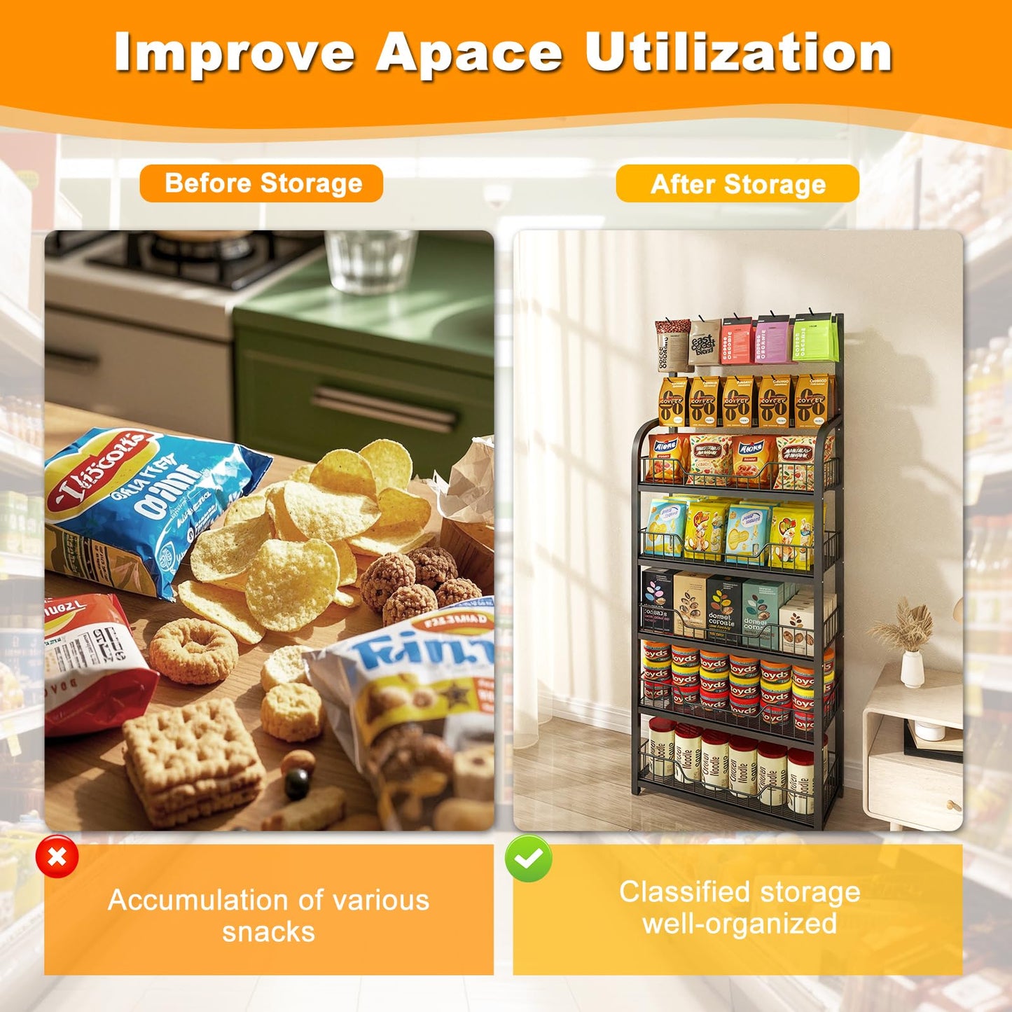GZAODMCP 5 Tier Snack Display Rack, Retail Organizer with Hooks, Candy Potato Chip Storage Shelf, Snack Storage Organizer for Supermarket Stores Kitchen (23.6x10.6x65.3 in)