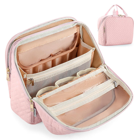 JOYYTUU Standing Makeup Bag, Large Capacity with Room for Brushes and Mirror, Travel Makeup Organizer, Portable Stand Up Make Up Case, Waterproof Cosmetic Toiletry Bags with Handle, Color Light Pink