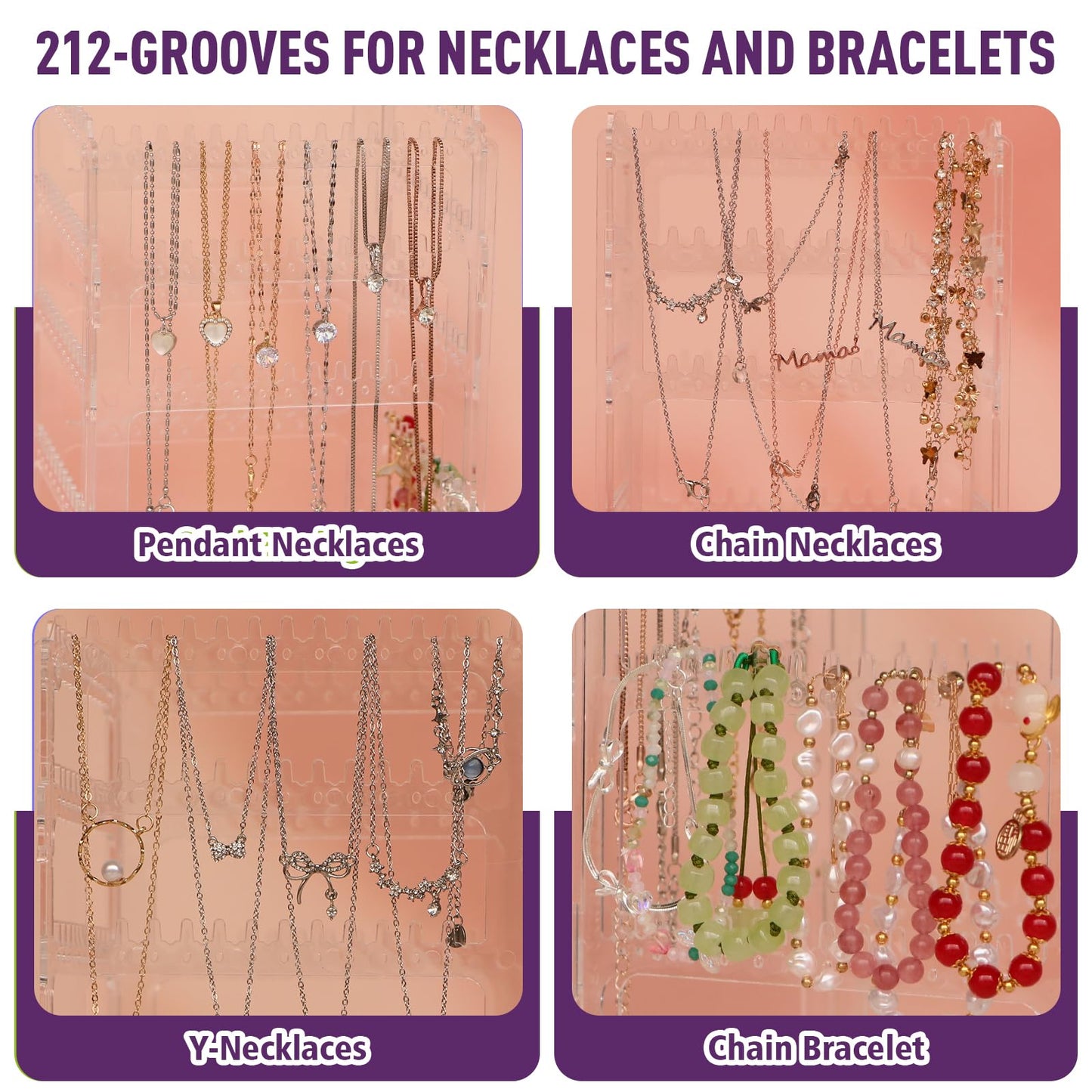 24Aug 360° Rotating Jewelry Organizer Stand with 5 Layers,Acrylic Earring Holder Organizer Stand,212 Holes and 212 Grooves for Studs,Dangly Earrings,Chains,Bracelets,Necklace