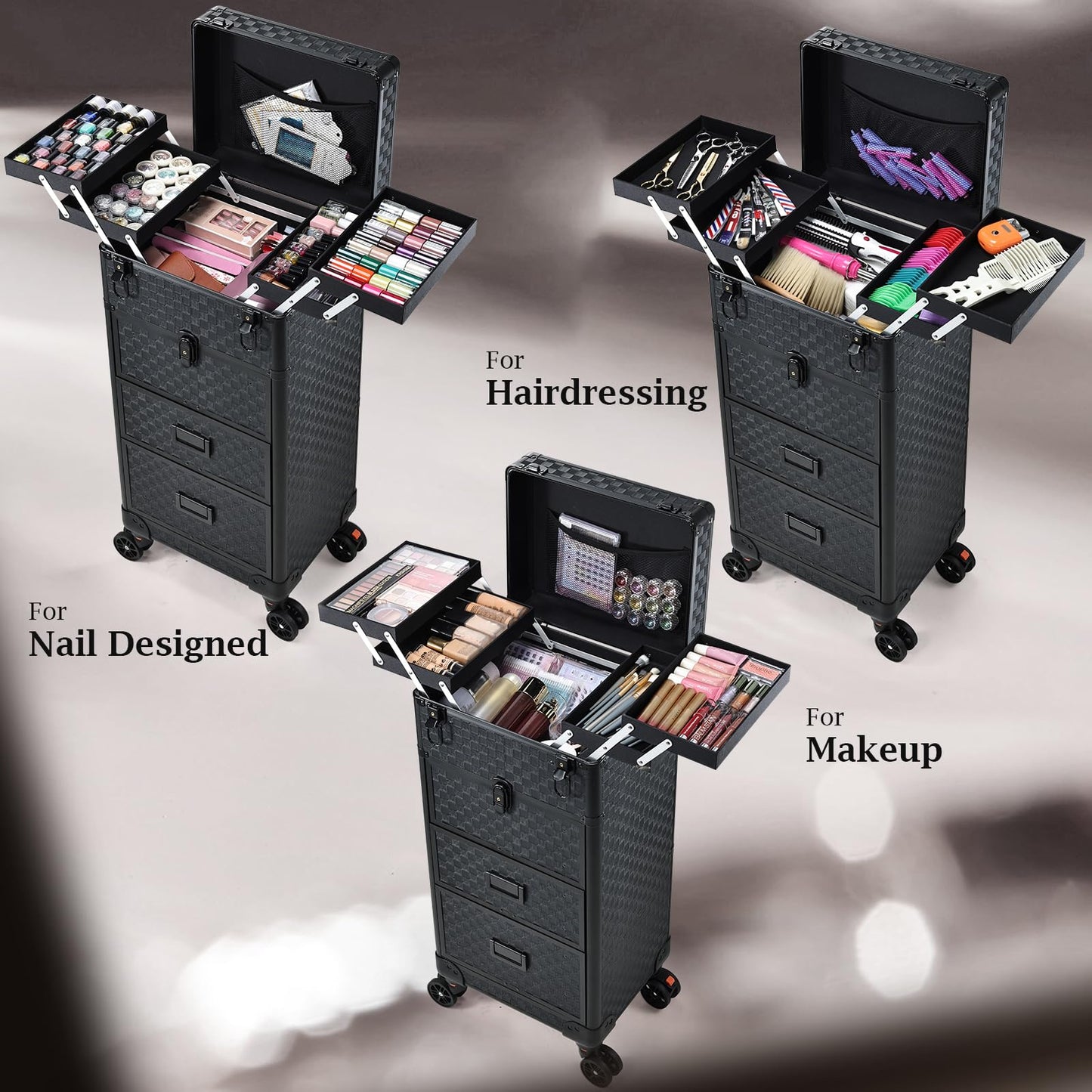 Stagiant Rolling Makeup Case with Drawers Cosmetology Case on Wheels 4 IN 1 Makeup Case 3 Drawers with Foot Stand Spring-release Mechanism Rolling Make Up Organizer for Artist Salon Nail Teach Trunk