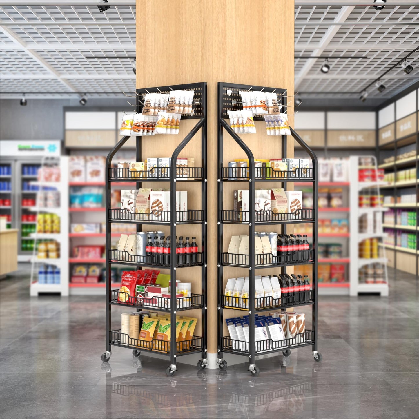 QJSZMEI 5 Tier Snack Rack Display Stand, Metal Retail Display Rack with Wheels and 15 Hooks, Snack Cart Organizer for Supermarkets Convenience Stores Home Kitchens