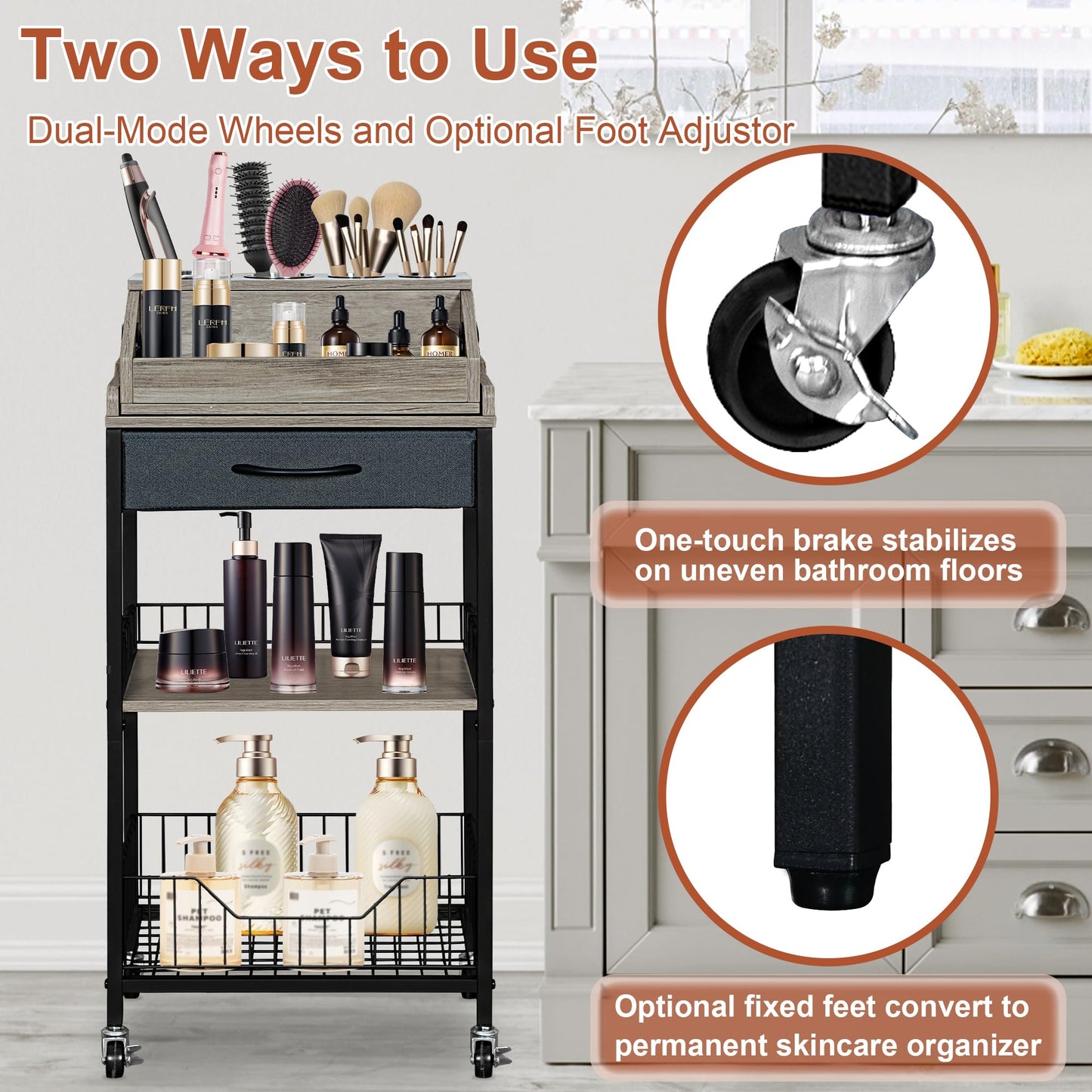 NauwaBarn Makeup Organizer Cart Large, 2-in-1 Beauty Organizer with Wheels & Hair Tool Holder, Makeup Stand with Drawer, Vanity Storage Cosmetics Display Cases for Skin Care Nail Polish Perfume-Black