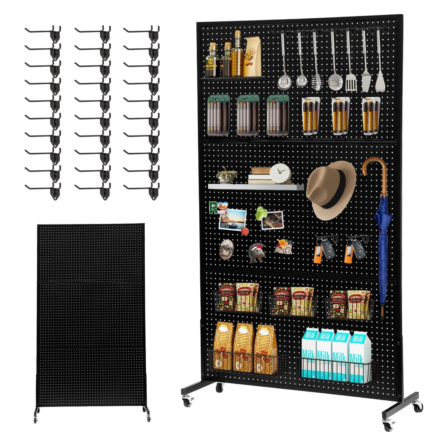 NectaCol 3.5'x 6' Metal Pegboard with T-Base, Peg Board Display Stand With Wheel, Big Standing Pegboard Display, Art Display Stand with 30 Hooks for Retail Store, Black