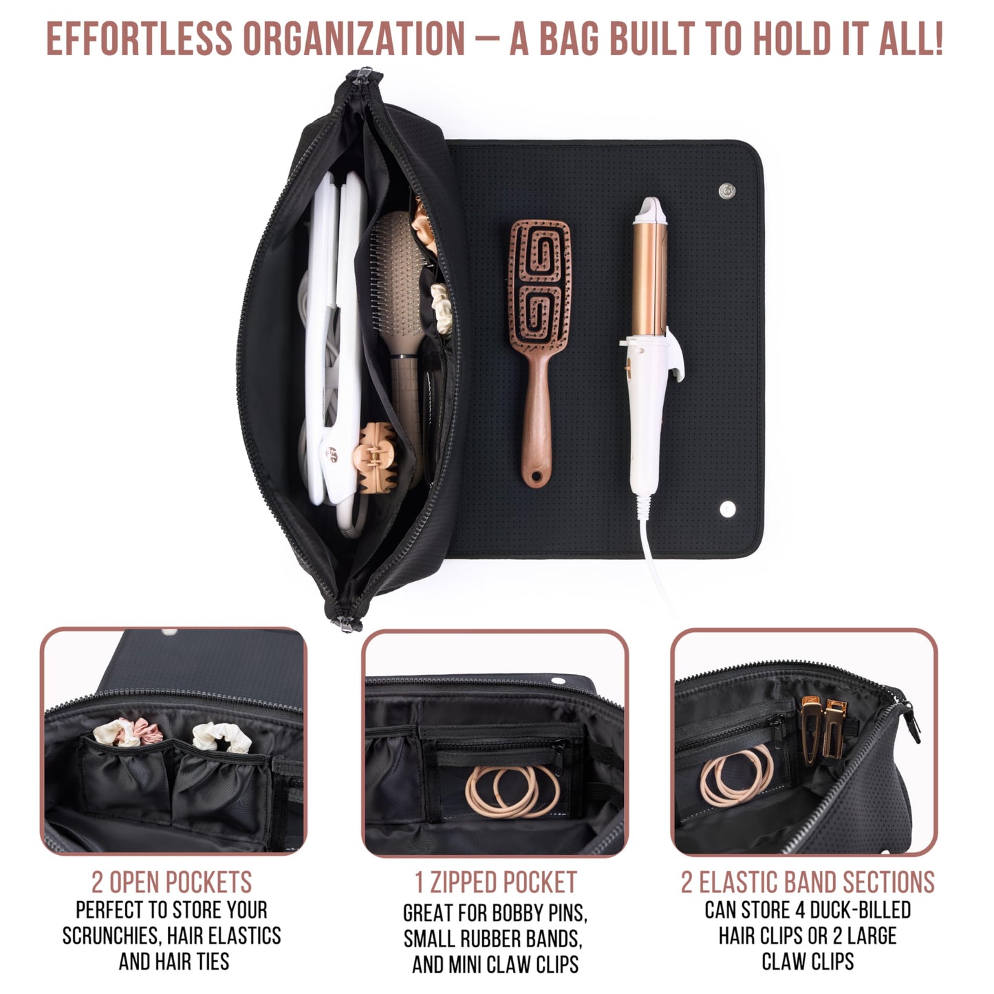 BAREFOOT CARIBOU Hair Tools Travel Bag and Heat Resistant Mat (15.5") for Flat Irons, Straighteners, Curling Iron, and Haircare Accessories, 2-in-1 design, Interior Pockets, Organizer (Mesh Black)