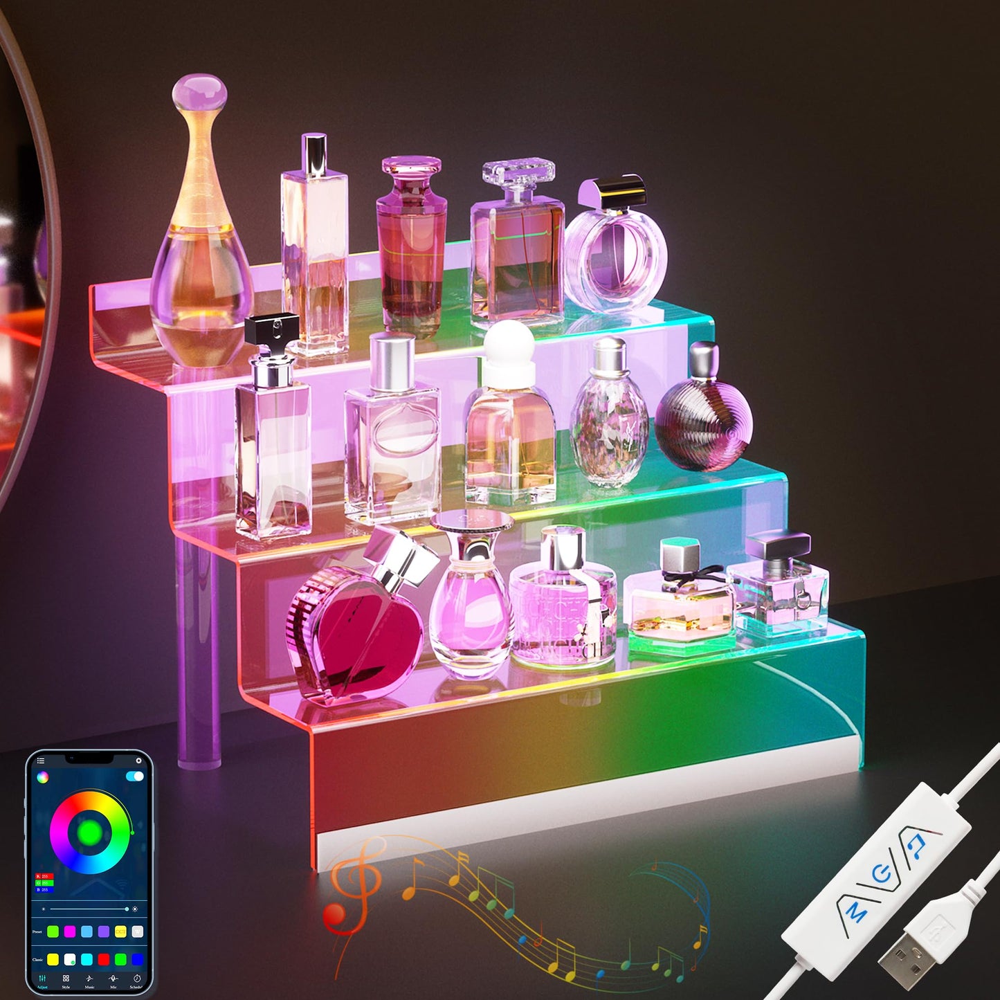 12” Acrylic Display Organizer with LED Light - 3 Tier Perfume Organizer for Women, Cologne Organizer for Men, Perfume Stand and Display Step Shelves Holder, Clear Riser, Figures Stand, Dessert Shelf