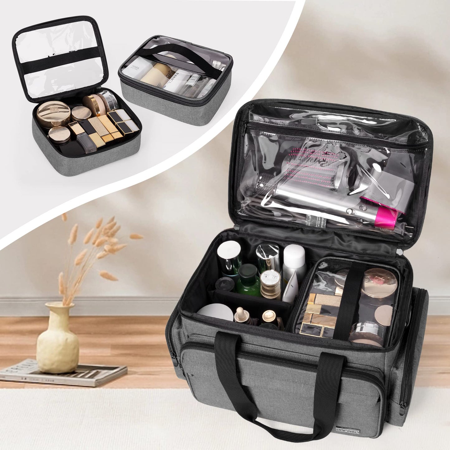 BAFASO Large Makeup Bag with 2 Removable Pouches and Detachable Dividers, Multifunctional Toiletry Bag Cosmetic Bag to Keep Makeup and Hair Supplies (Patent Pending), Gray
