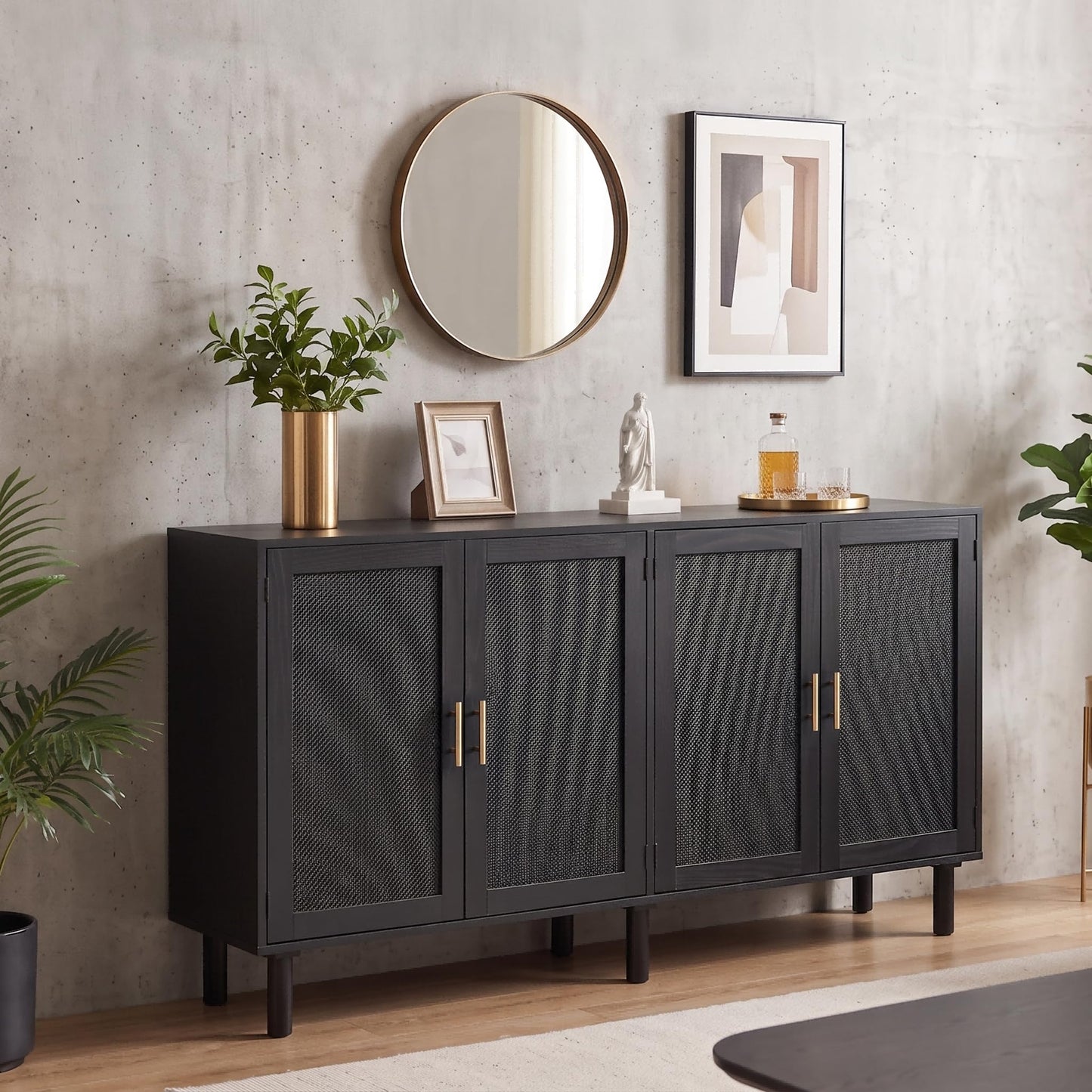 Finnhomy 4 Door Sideboard Buffet Cabinet, Kitchen Storage Buffet with Black Painted Rattan Decorated Doors, Cupboard Console Table, Boho Accent Liquor Cabinet, 62.3X 15.7X 34.6 Inches, Full Black