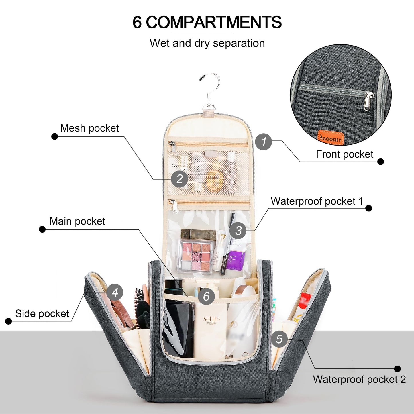 COOSKY Hanging Toiletry Bag for Women & Men, Cruise Ship Travel Essentials, Holds Full Size Shampoo, with Dry and Wet Separation Cosmetic Bag, Makeup Organizer Bag, Bathroom Water-resistant Bag, Grey
