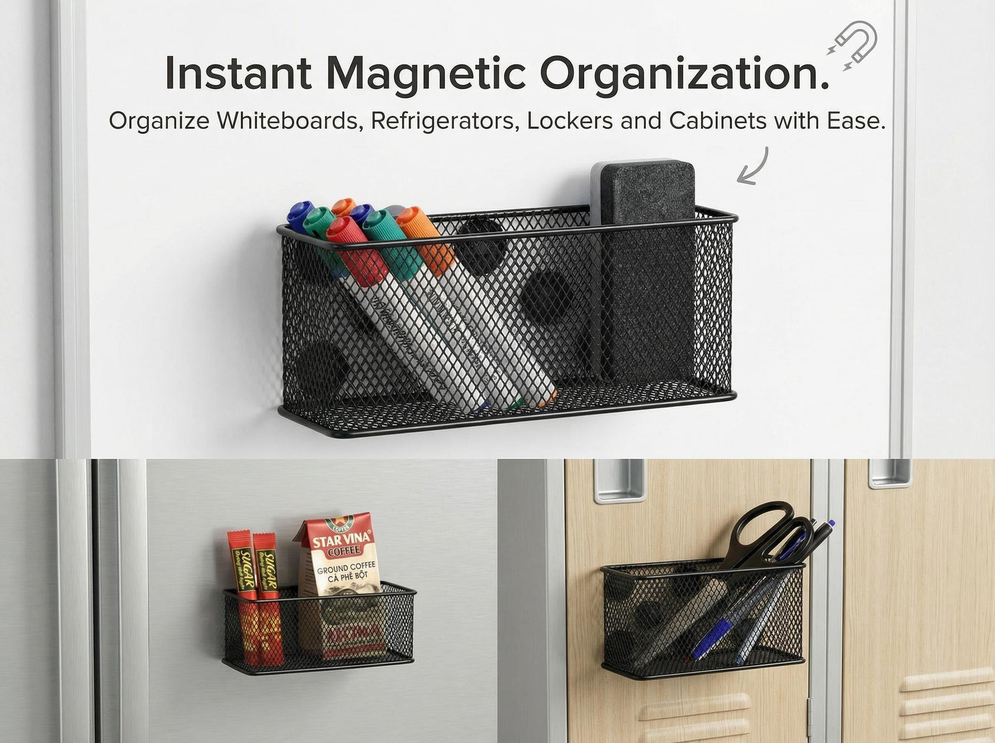 Neudeco Magnetic Locker Organizer, Wire Mesh Storage Baskets, Black