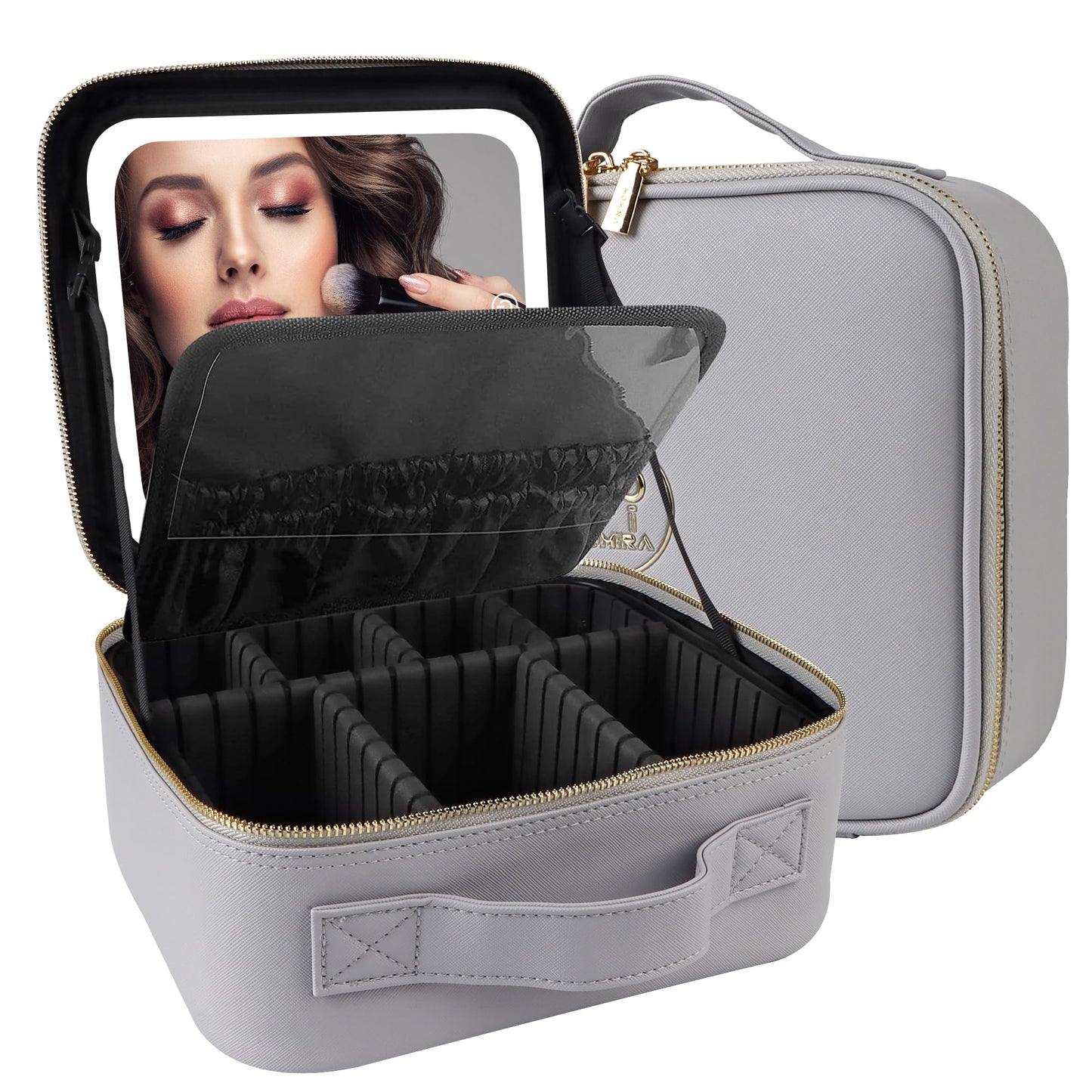MOMIRA Travel Makeup Bag Cosmetic Bag Makeup Organizer Bag with Lighted Mirror, Adjustable Brightness in 3 Color Scenarios, Waterproof Makeup Train Case, Gift for Women - Grayish