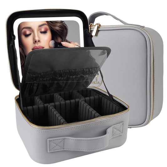 MOMIRA Travel Makeup Bag Cosmetic Bag Makeup Organizer Bag with Lighted Mirror, Adjustable Brightness in 3 Color Scenarios, Waterproof Makeup Train Case, Gift for Women - Grayish