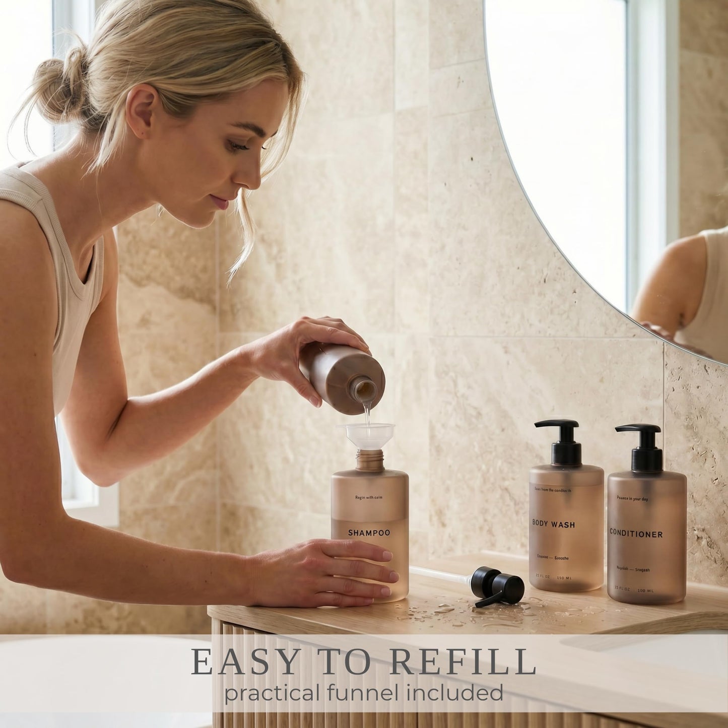 Stylish Shampoo and Conditioner Dispenser Set of 3 - Modern 20oz Shower Soap Bottles with Pump and Labels - Easy to Refill Body Wash Dispensers for an Instant Bathroom Decor Upgrade