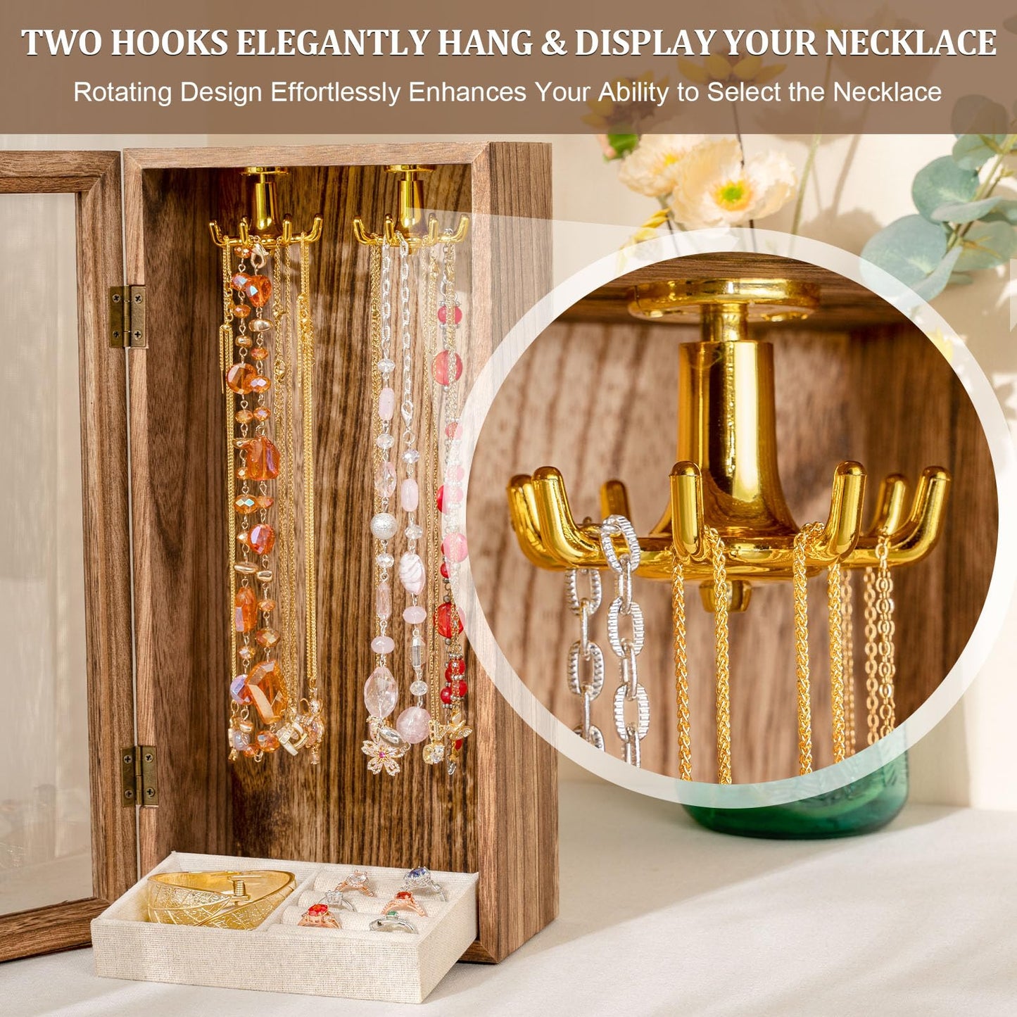 SINGLBA Necklace Holder Organizer, Wooden Jewelry Box for Women Girls, Rotatable Jewelry Organizer Case with Ring Tray Display & Storage for Necklaces Bracelets Rings Earrings, Gifts for Women Her