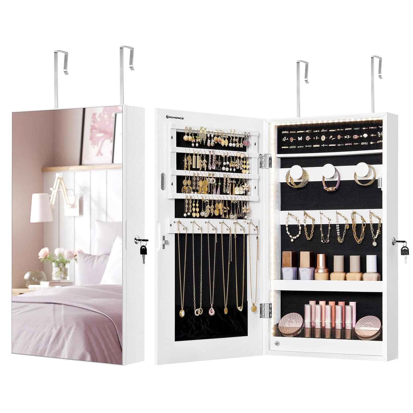 SONGMICS Mirror Jewelry Cabinet Armoire with Built-in LED Lights, Wall or Door Mounted Jewelry Storage Organizer, 3.8 x 14.6 x 26.4 Inches Hanging Mirror Cabinet, Gift Idea, White UJJC050W01