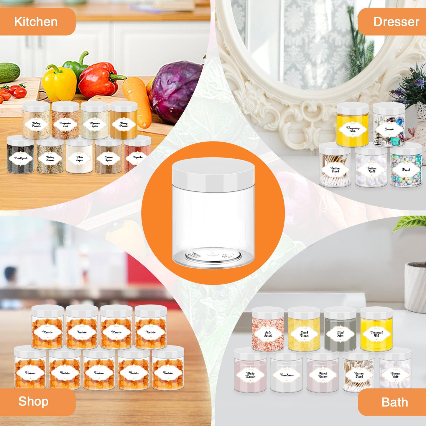 PeacePeo 8 OZ Plastic Jars, 48 Pcs Clear Plastic Jars with Lids Stackable Leakproof Storage Containers Jar Clear Empty Slime Containers with White Lids for Kitchen and Household Food Storage