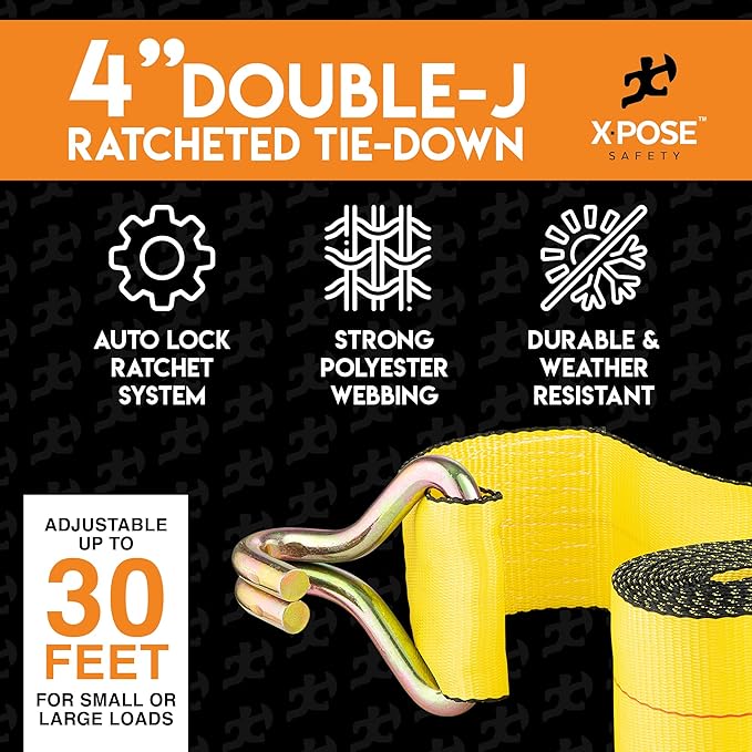 Ratchet Straps Heavy Duty 4" x 30' – 20,000 lbs Break Strength Tie Down Straps with Double J Hooks, Ratcheting Cargo Straps for Truck, Trailer, Kayak, Motorcycle & Moving – 1 Pack