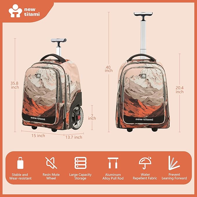 NEW TILAMI 20" Rolling Backpack for Teens Adults, Climbing Stairs Waterproof Backpack with Wheels for School Business Trave Camping with Laptop Compartment, Fit 17 Inch Laptop, Khaki Mountain