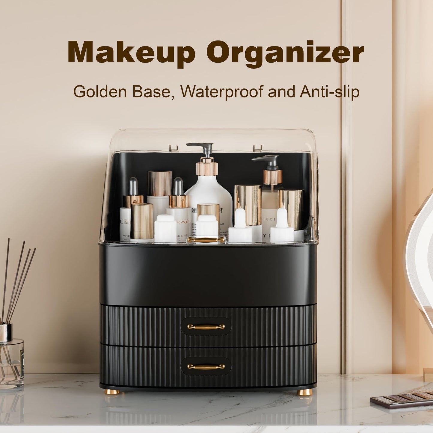 Plukers Makeup Organizer Countertop Vanity with Transparent Lid Drawers Waterproof Dustproof Cosmetic Skincare Bathroom Storage Gift for Women Teens Girls (Black)