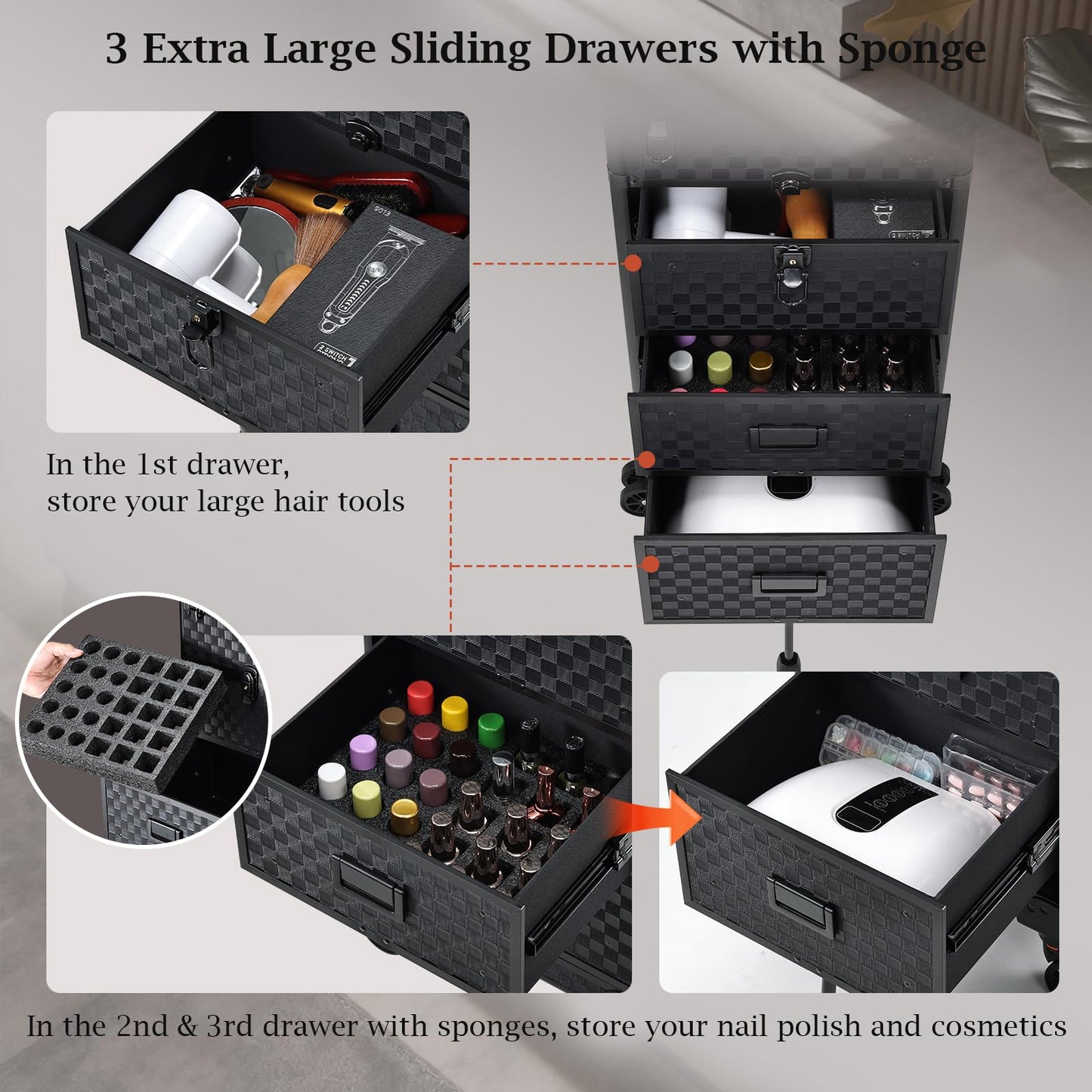 Stagiant Rolling Makeup Case with Drawers Cosmetology Case on Wheels 4 IN 1 Makeup Case 3 Drawers with Foot Stand Spring-release Mechanism Rolling Make Up Organizer for Artist Salon Nail Teach Trunk
