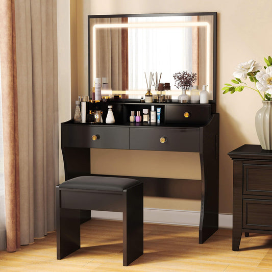 COMHOMA Makeup Vanity Desk with Mirror and Lights, Vanity Table and Chair Set with 4 Drawers and Charging Station, Bedroom Dresser LED Mirror Stepless Dimmable & 3 Color Modes Adjustable, Black