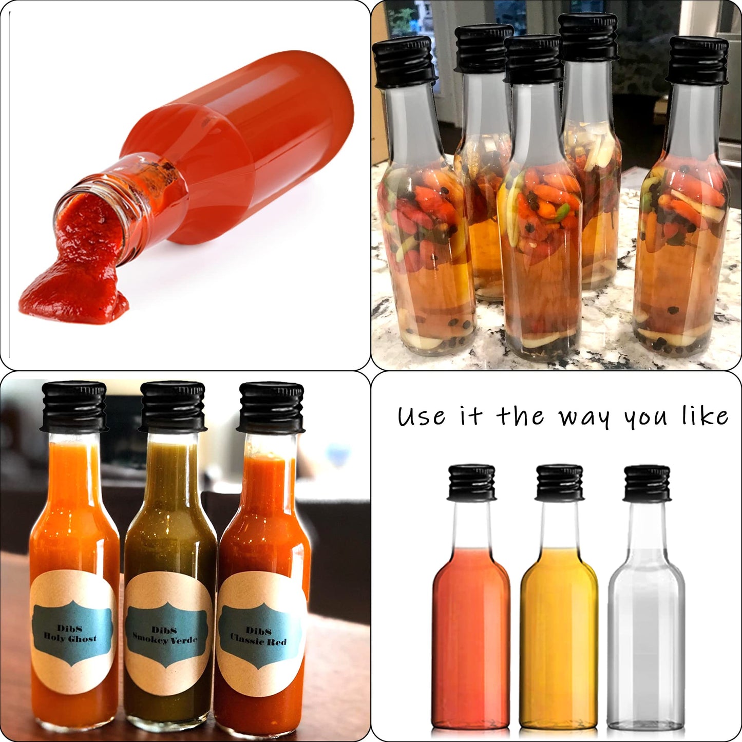 YZXODN 50 Pack 1.7oz Mini Liquor Bottles with Labels, Plastic Alcohol Bottles, Airtight Shot Bottles, Little Spirit Bottle with Funnel, Black Caps, Juice Bottle for Cocktail, Party Favors, Weddings