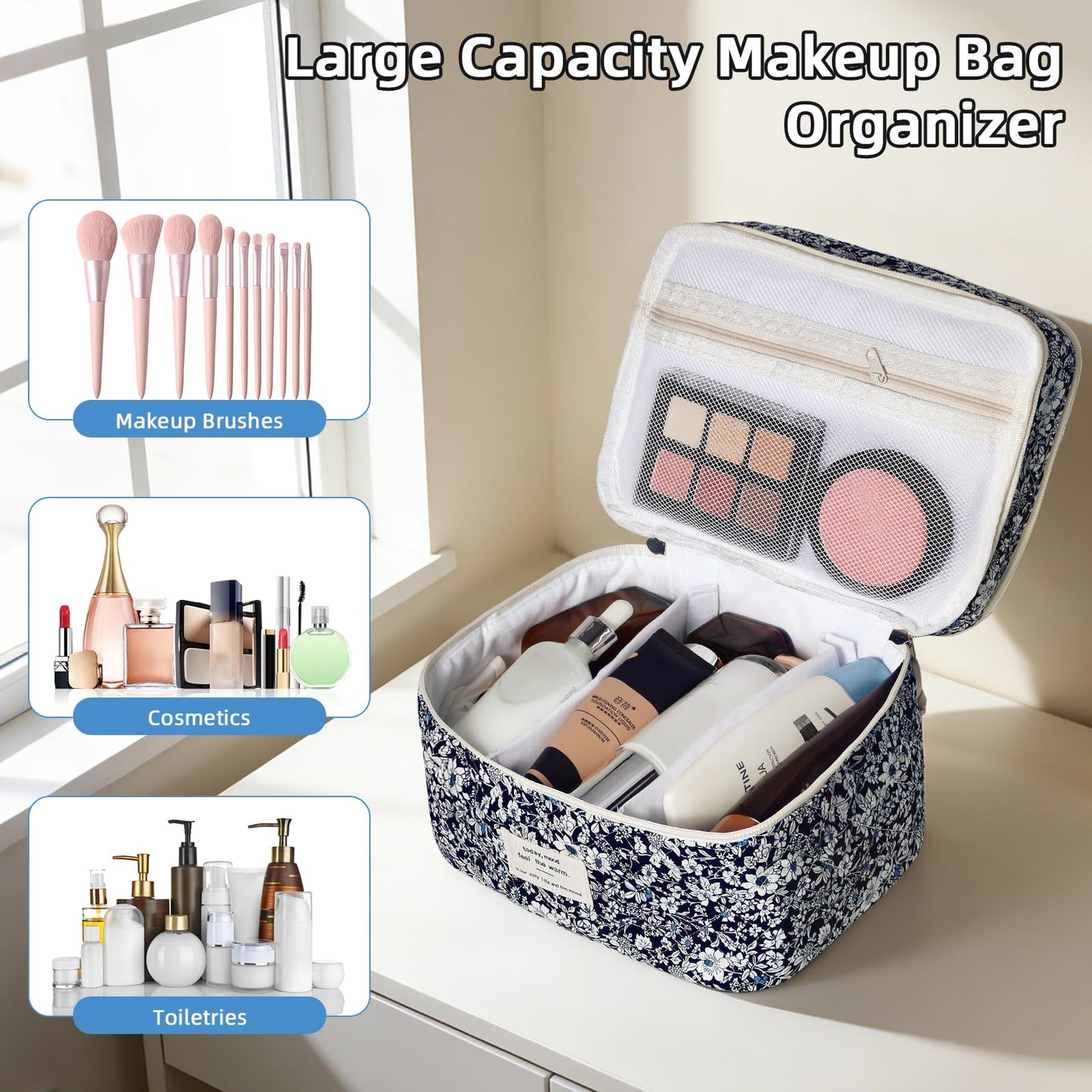 Gosect Makeup Bag, Portable Travel Make up Bag, Large Capacity Quilted Cosmetic Organizer Bag, Cute Floral Toiletry Bag for Women Girls (Black Rose)