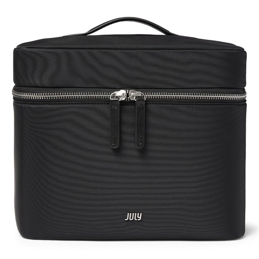 July Vanity Cosmetic Case - Stylish Travel Makeup Bag for Women with Removable Wet Pouch, Upright Bottle Design, Clear Top Pocket, Leather Handle, Travel Essentials, Toiletry Organizer - Black