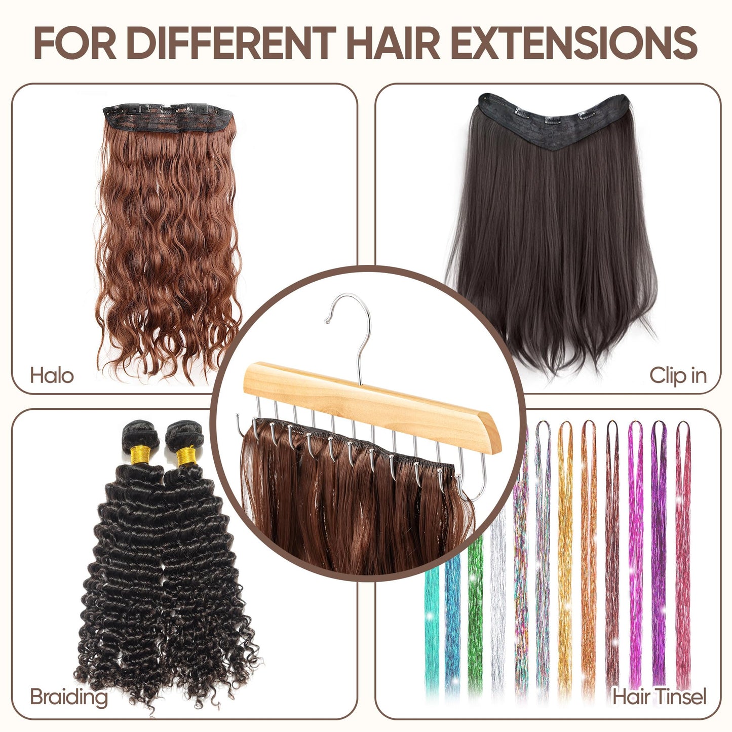【2 Pack】 Wood Hair Extension Holder for Hair Storing, Washing, Drying, Coloring, Styling, Foldable Hair Extension Hanger, Braiding Hair Rack, Rotating Multi-Purpose Hooks Hanger