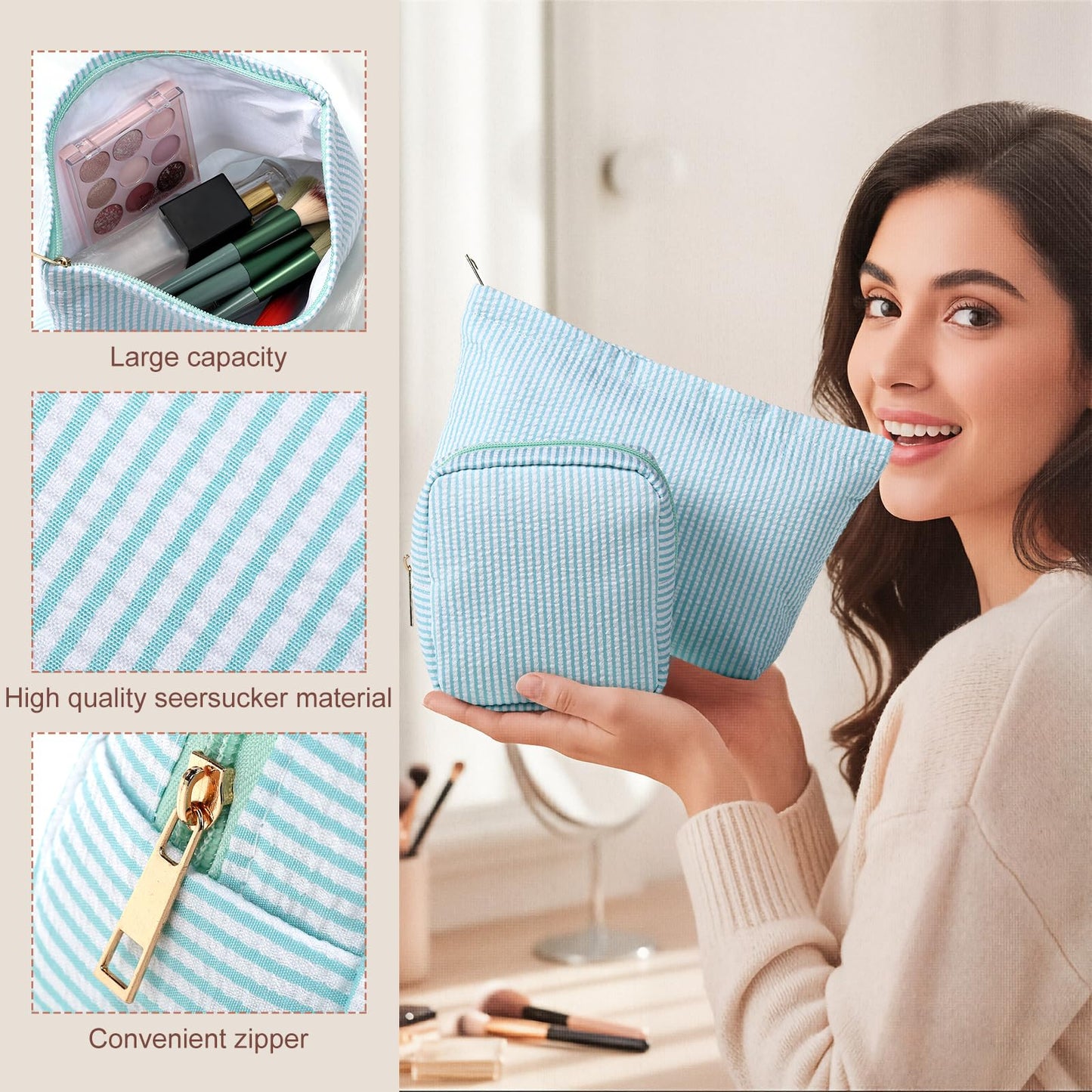 Sanwuta 4 Pcs Seersucker Pouch Cosmetic Bag Set Seersucker Makeup Bag Women Stripe Large Travel Toiletry Organizer Aesthetic Preppy Storage for Embroidery Women Bridesmaid Gifts(Light Blue)