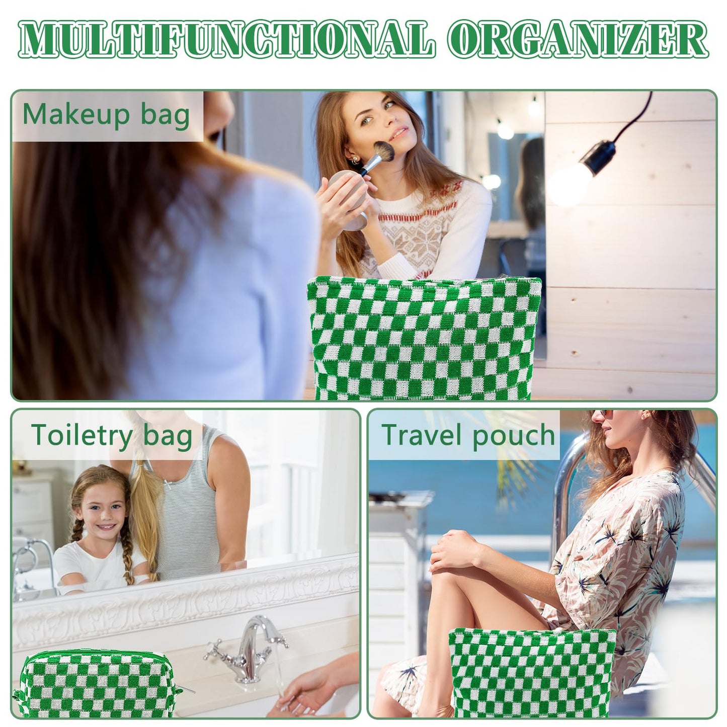 ZLFSRQ 3Pcs Checkered Makeup Bag for Women Large Small Checkered Cosmetic Bag Set Aesthetic Preppy Pencil Case Cute Pencil Pouch Green Makeup Pouch for Purse Travel Toiletry Bags Zipper Skincare Bags