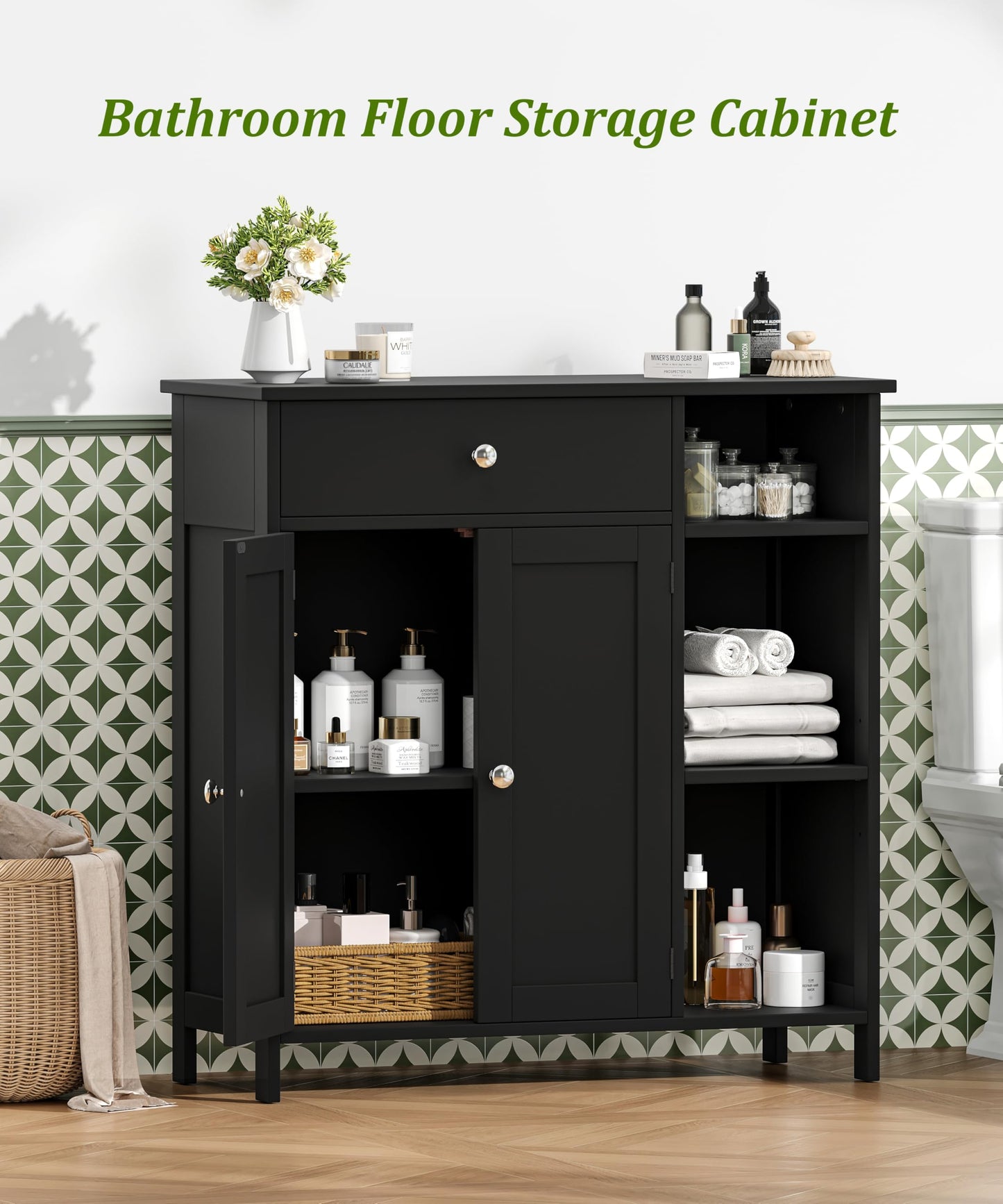 Keehusux Black Bathroom Floor Cabinet with Large Drawer, Floor Storage Cabinet with Doors & Adjustable Shelves, Modern Storage Cupboard with 3 Open Shelves for Kitchen, Living Room, Entryway