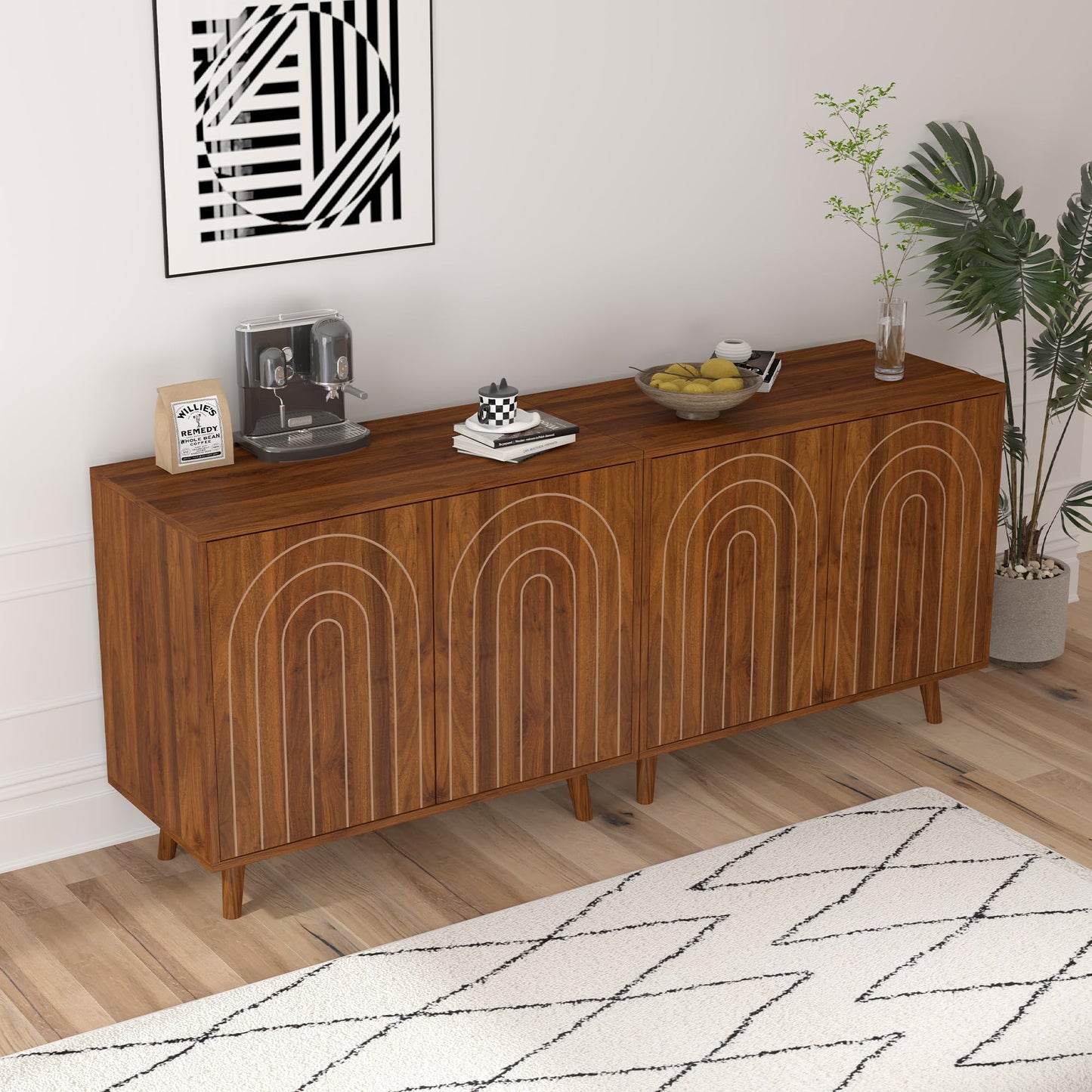 weselon Accent Cabinet with Carving Lines, Modern Buffet Sideboard with Adjustable Shelves, Decorative Storage Cabinets for Bedroom Living Room Kitchen Office and Hallway (Walnut, 1)