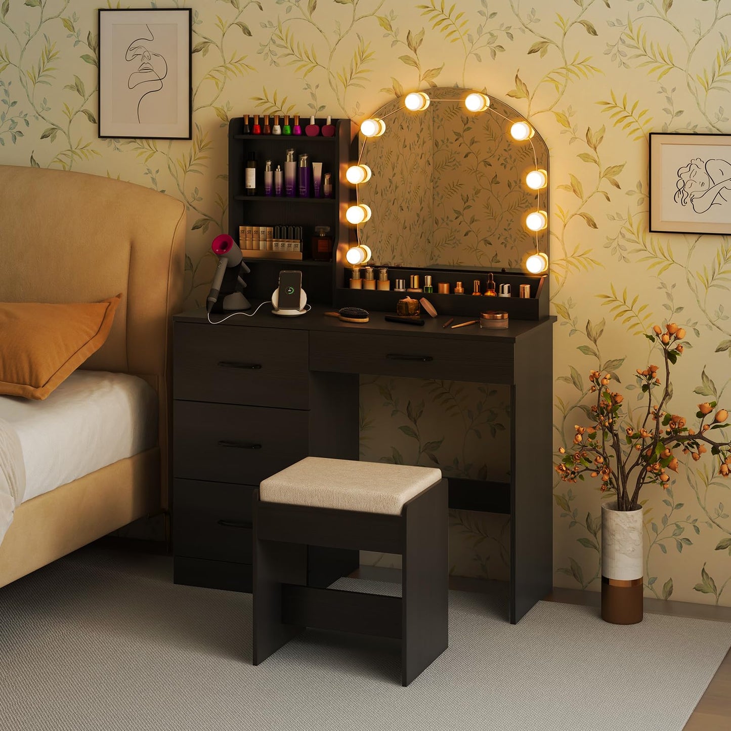 CHARMAID Vanity Desk with Mirror and Lights, Black Makeup Vanity Desk with 4 Drawers, Storage Shelves, Charging Station, 3 Lighting Modes, 40 inch Large Vanity Dressing Table with Stool for Bedroom