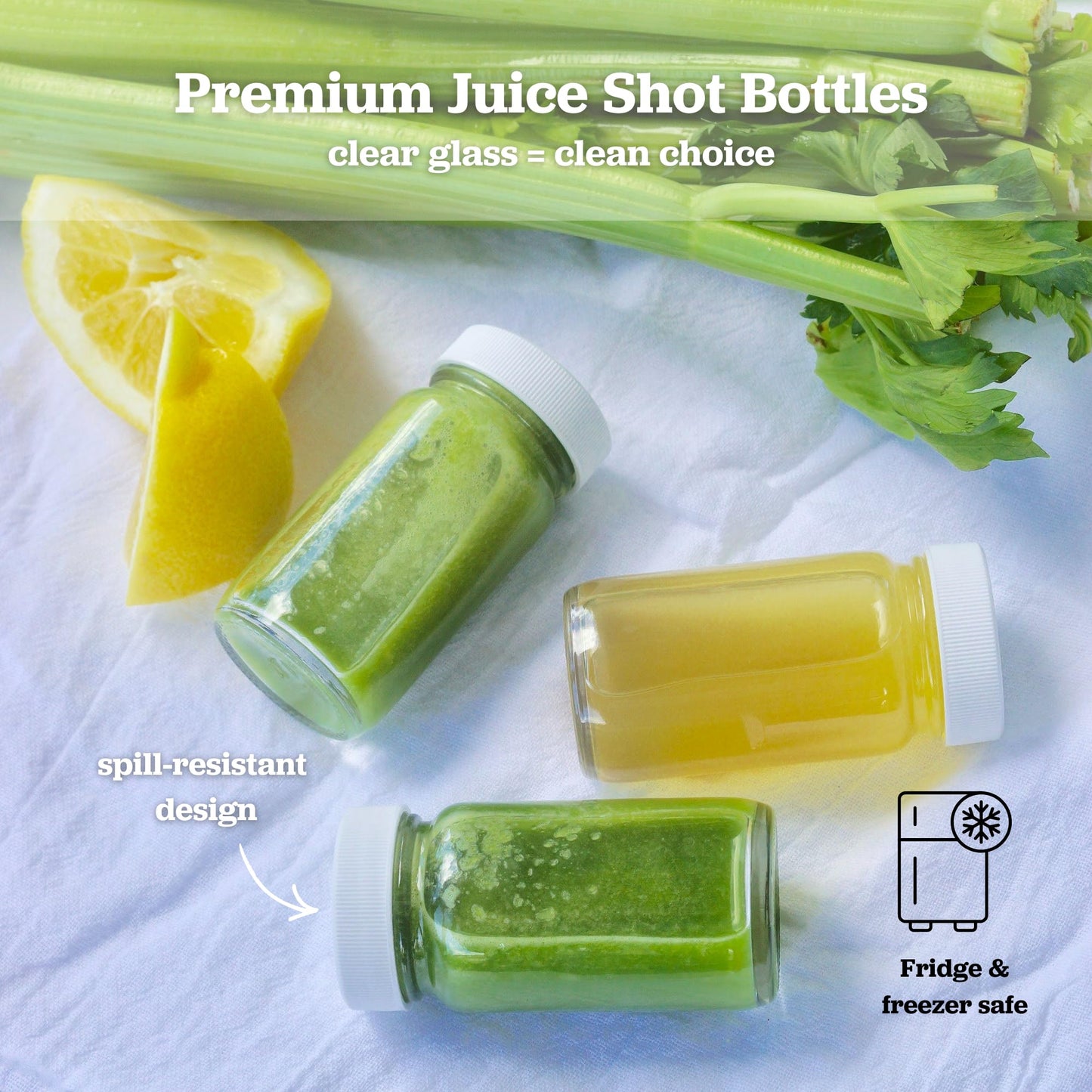 2oz Juice Shot Bottles with Caps - Wide Mouth for Juicing, Beverage Storage, Liquids, Clear Small Glass Bottles with White Caps, Reusable Ginger Shots Bottles, Leak Proof, Jars (8 pack)