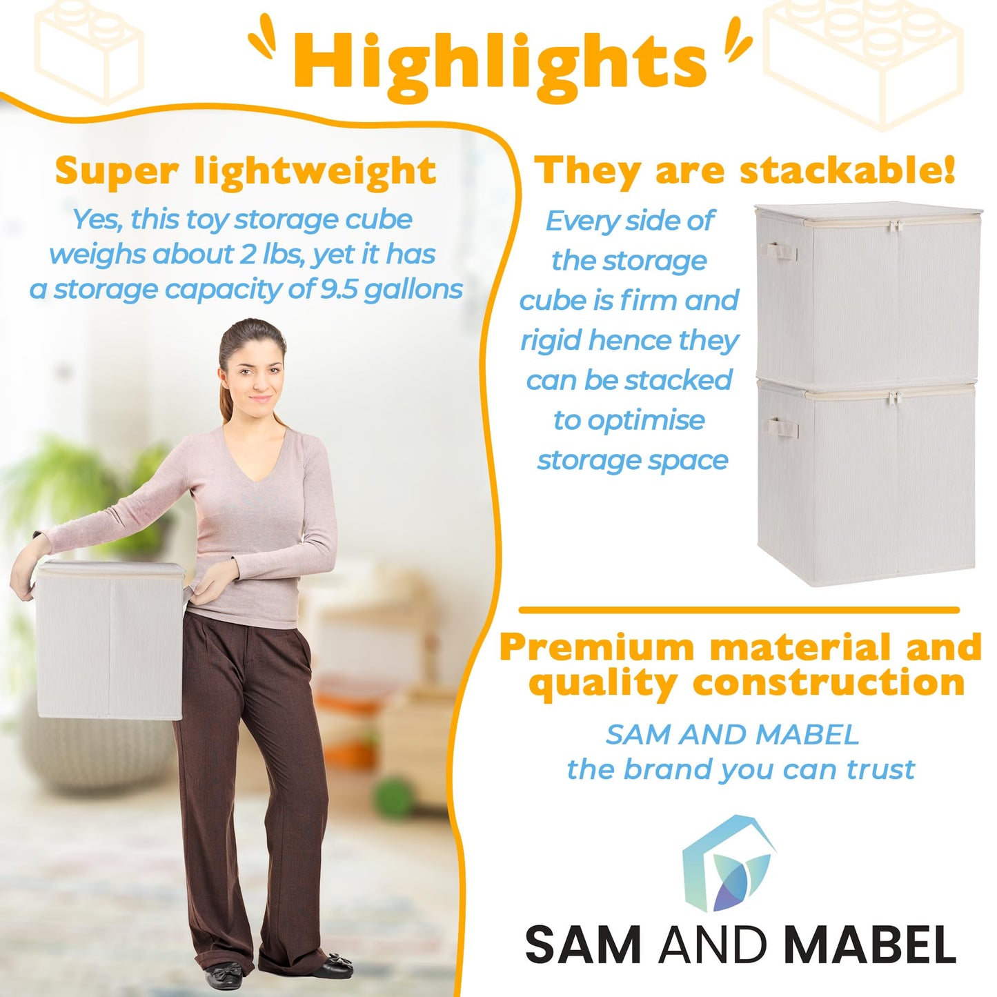 SAM AND MABEL Toy Storage Organizer with Attached Play Mat for Kids – 13" x 13" x 13" Stackable and Foldable Cubby Box Nursery Organizers, Storage Bins with Lid for Playroom (Cream Bamboo)