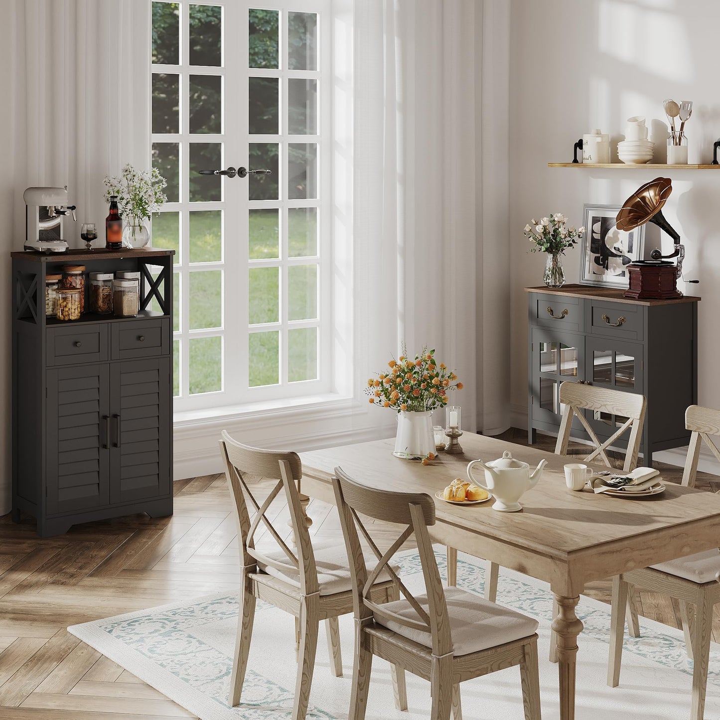 ChooChoo Farmhouse Storage Cabinet, Bathroom Floor Cabinet with Doors and Drawers, Kitchen Pantry Cabinet for Living Room, Laundry, Black