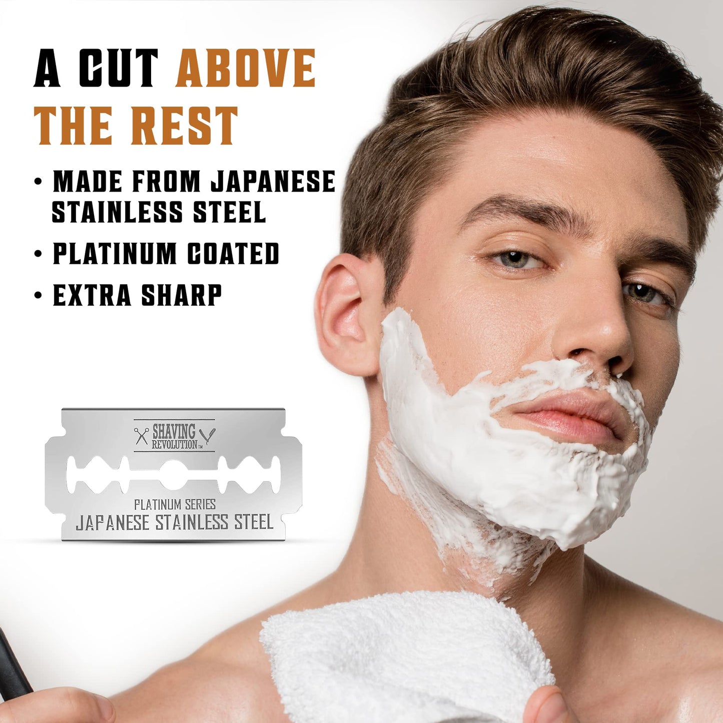SHAVING REVOLUTION Black Long Handle Double Edge Safety Razor with 60 Platinum Japanese Stainless Steel Blades – Close, Smooth, and Precise Shave for Men, Easy Blade Replacement. With Cleaning Brush.