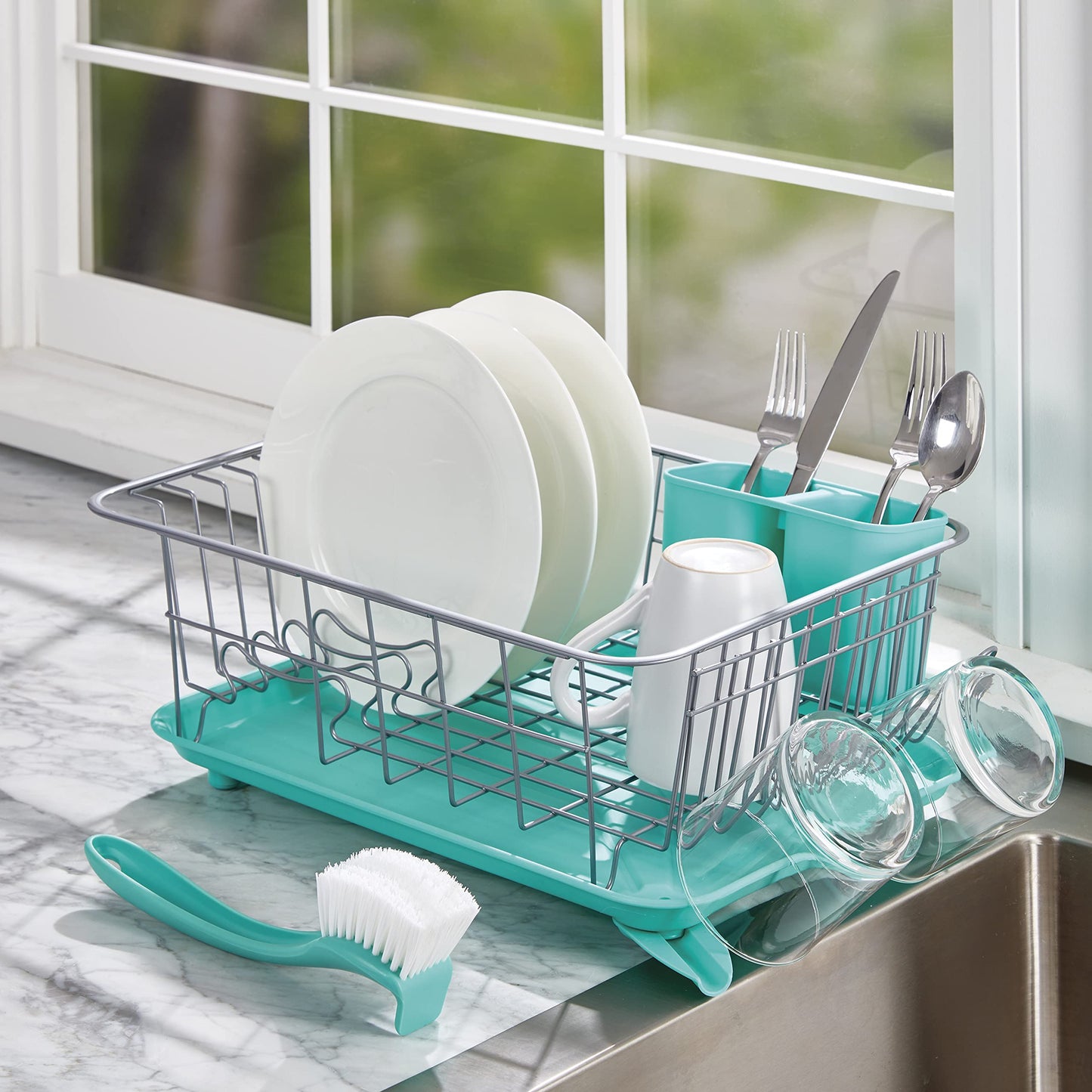 Farberware Compact Dish Drying Rack with Drainboard, Flatware Caddy and Sink Brush, Teal - Holds 9 Plates, Fits Small Kitchens, Apartments and Dorms