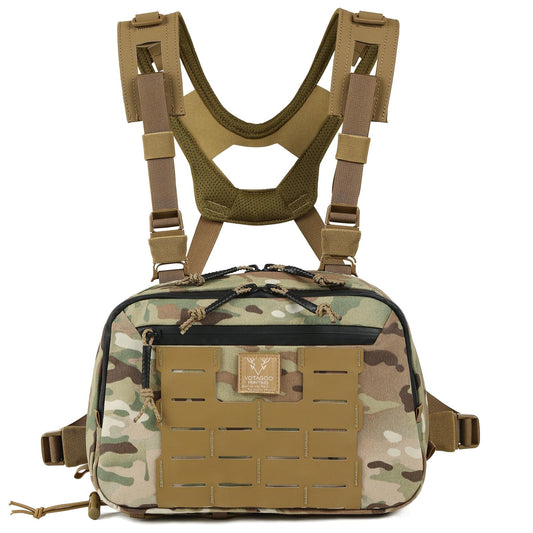 VOTAGOO GEAR Tactical Chest Rig Bag, 3L Utility Hypalon Molle Chest Rig With Map Pocket 500D Cordura Chest Bag for Hunting Workouts (Multicam)