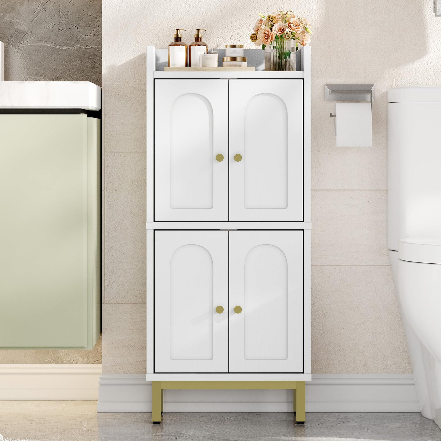 Hzuaneri Bathroom Cabinet, Small Storage Cabinet with 4 Doors, Bathroom Organizers and Storage Cabinets with Adjustable Feet. Cabinets Freestanding for Living Room, Kitchen, 7.1"D x 14.6"W x 32.7"H