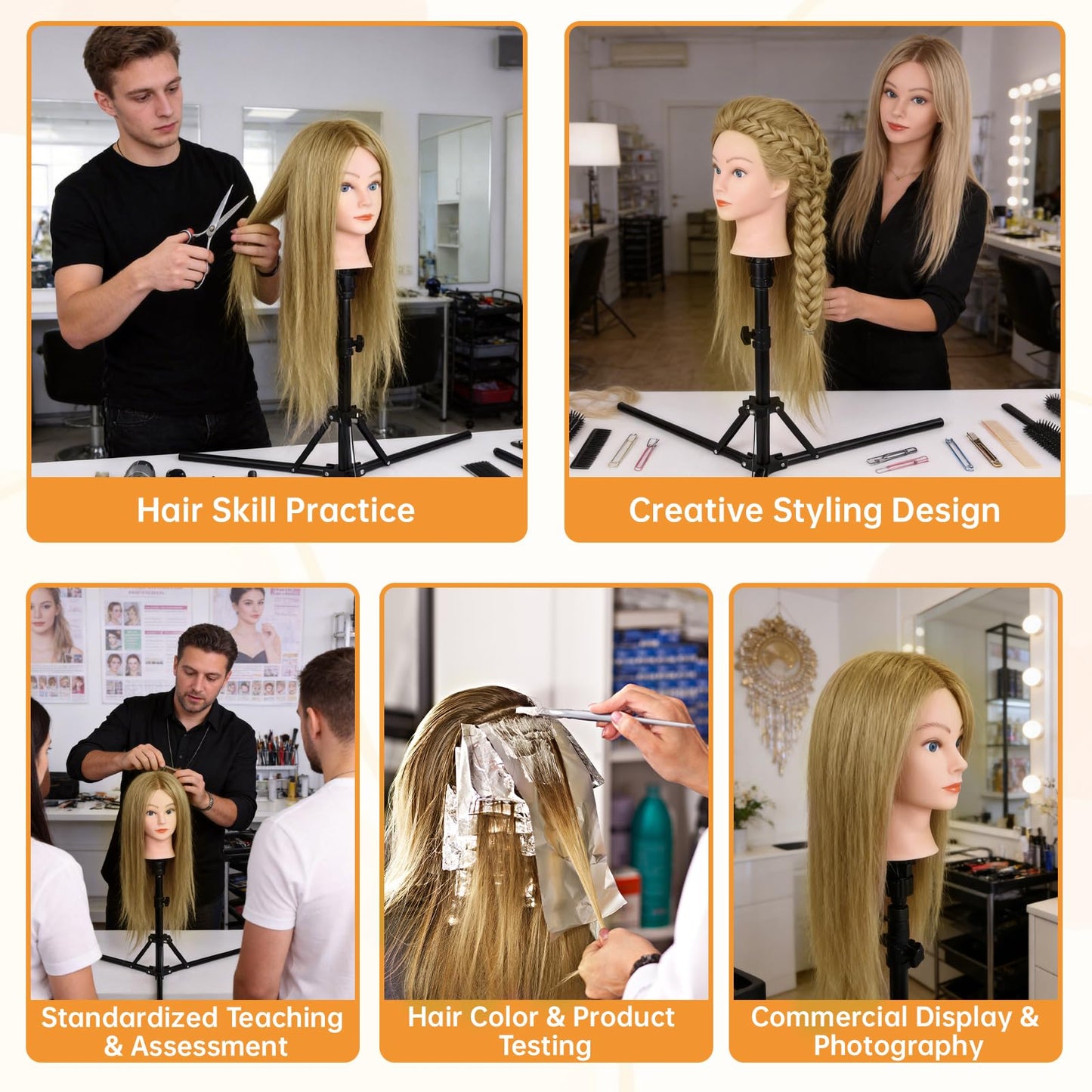 90% Real Hair Mannequin Head, Cenoz 26" Hairdresser Cosmetology Training Head with Stand and Tool, Manikin Training Practice Head, Doll Head for Hair Styling (Brown)