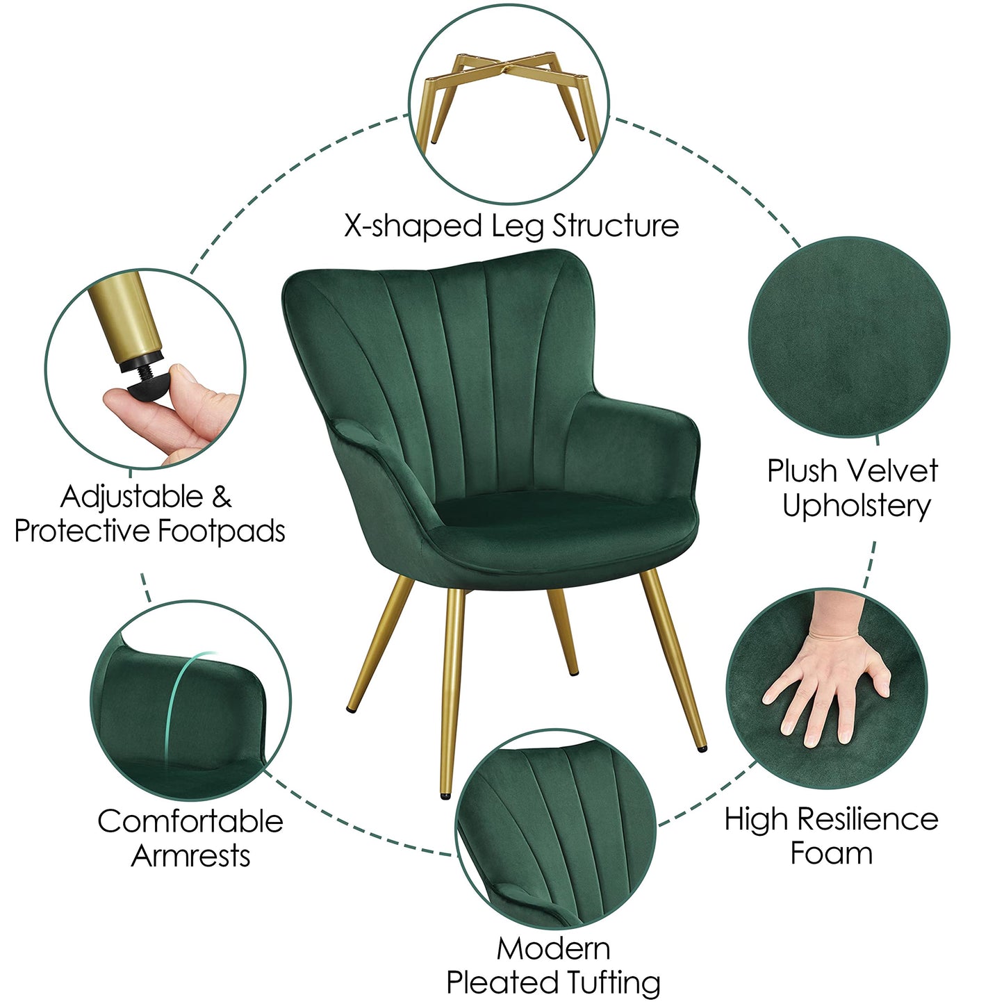 Yaheetech Velvet Accent Chair, Modern Armchair Vanity Chair with Wing Side and Metal Legs, Cozy and Soft Padded and High Back for Living Room/Makeup/Office/Bedroom, Green