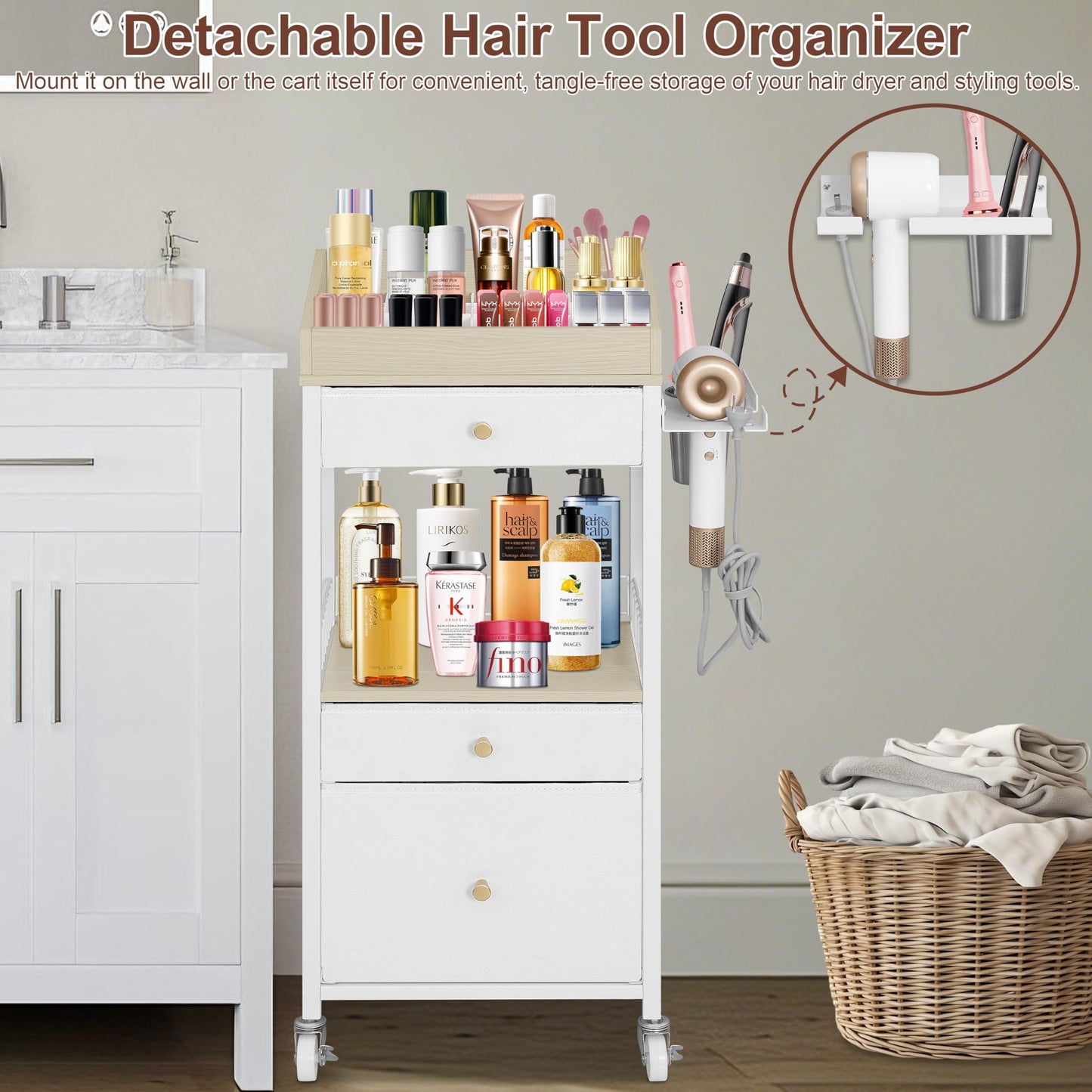 NauwaBarn Makeup Organizer Cart with 3 Drawers, Large Cosmetic Organizer with Detachable Hair Tool Holder, Makeup Cabinet Cosmetic Display Cases for Skin Care Perfume Nail Polish, White & Natural