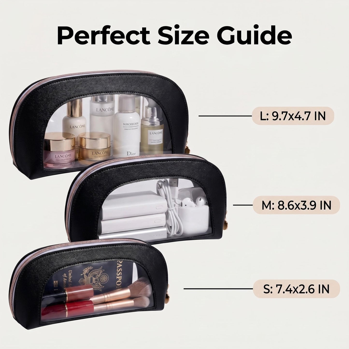BS-MALL Makeup Bag Set Clear Travel Toiletry Organizer Pouches - Waterproof Cosmetic Bags with Zippers for Women, Toiletry Travel Kit for Vacation & Daily Use Pack of 3