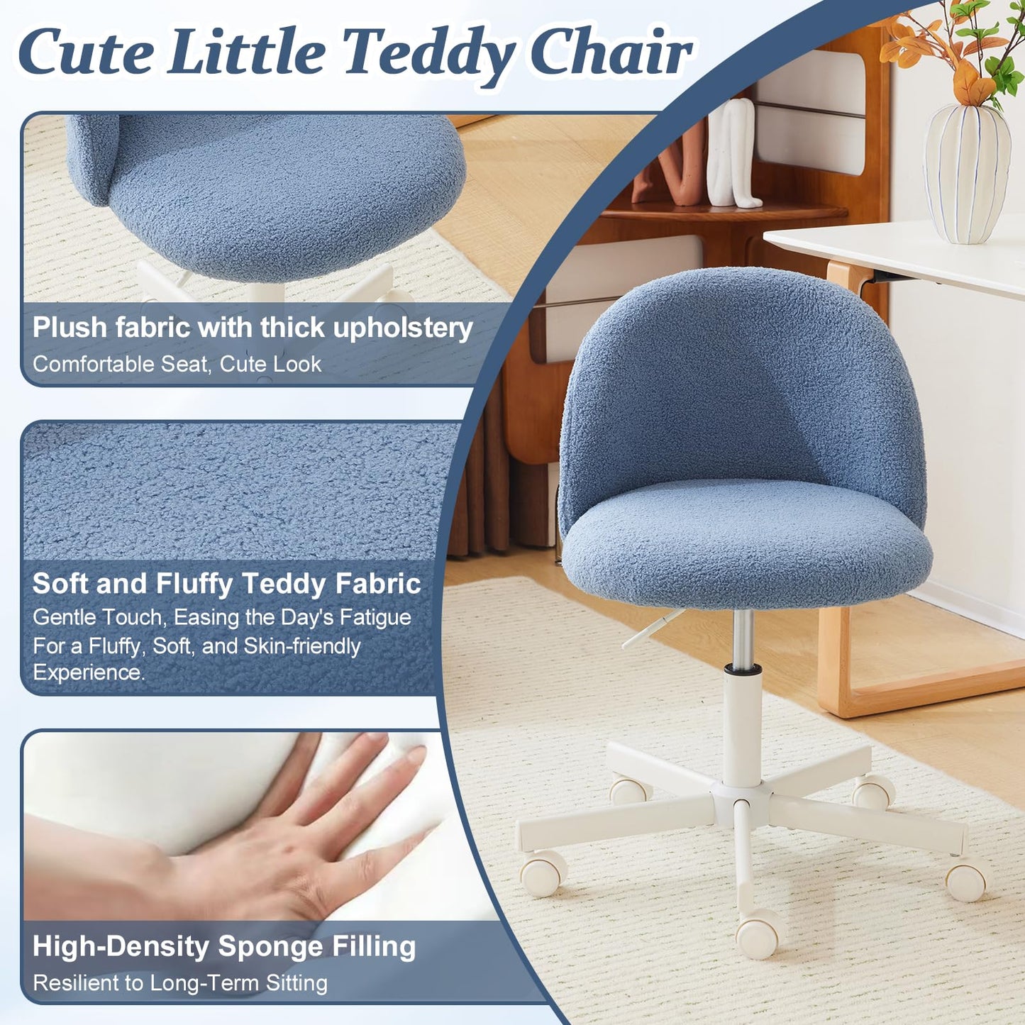 VINGLI Cute Candy Chair Armless Comfy Small Office Desk Vanity Chair with Wheels & Lumbar Support,Teddy Adjustable Rolling Swivel Computer Task Ch for Home Office,Bedroom,Fog Blue