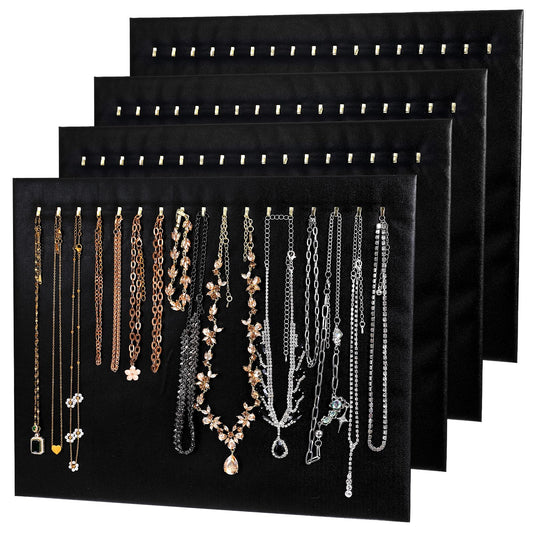 Nodaaiie 4 Pcs Black Jewelry Display Stands, Leather Necklace Organizer Boards with 17 Hooks for Selling, Shop Store Showcase, Chain Pendant Bracelet Storage