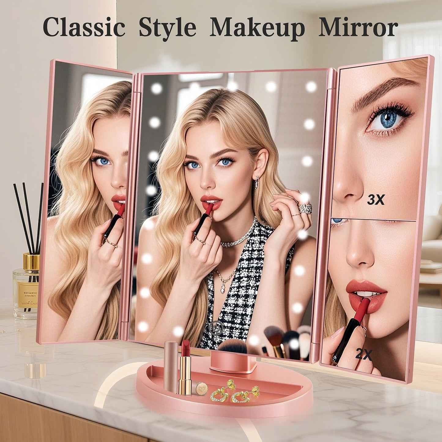 Flymiro Tri-fold Lighted Vanity Makeup Mirror with 3x/2x Magnification,Light up Mirror for Makeup,Touch Screen 21 LEDs,180° Rotation Countertop Cosmetic Mirror,Gifts for Women Mom Teen Girls