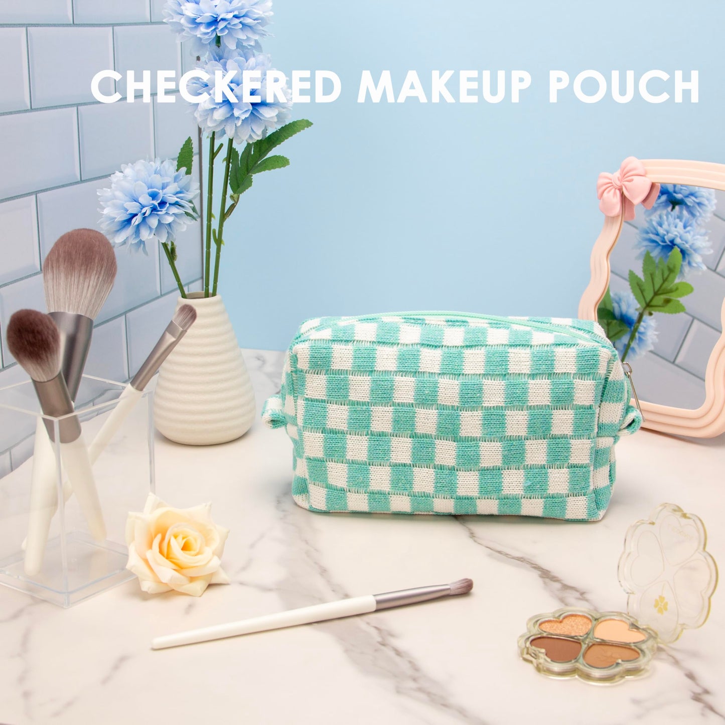 PAZIMIIK Checkered Makeup Bag for Purse Portable Zipper Make Up Pouch Small Cosmetic Case for Travel Accessories (6PCS Arctic Blue)